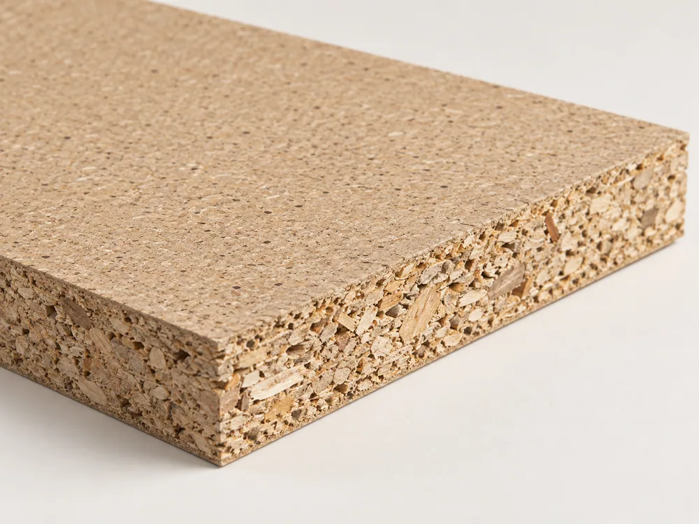 Illustration of particleboard panel showing wood particles at the cut edge
