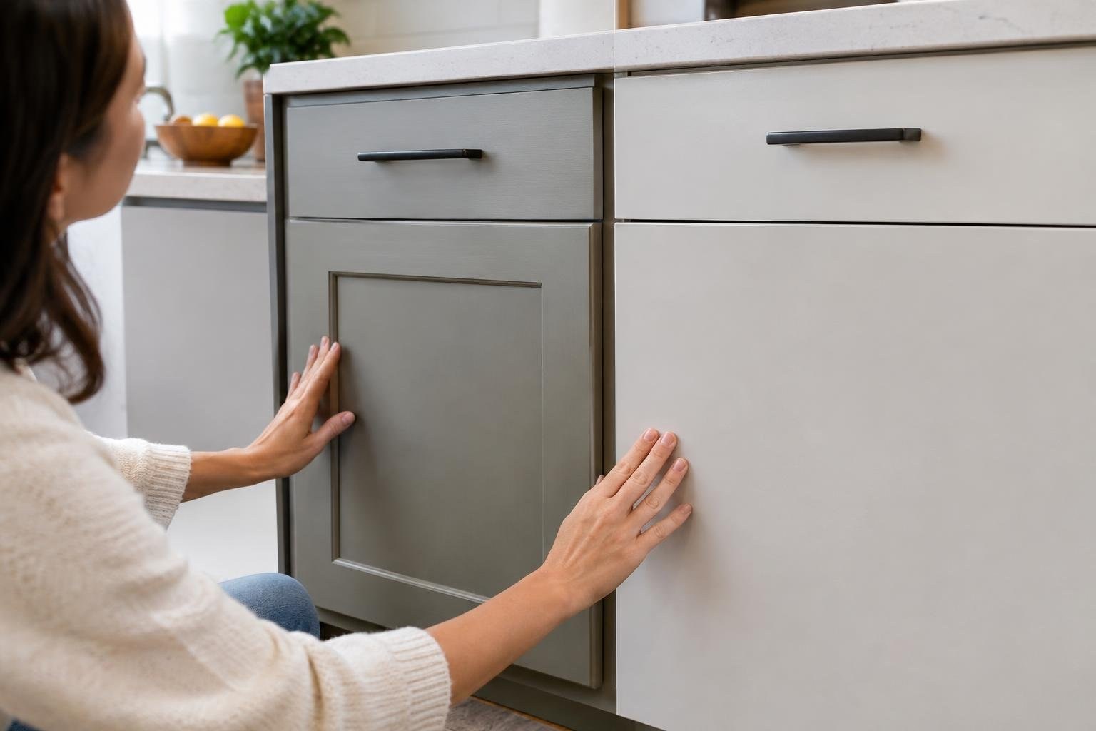 A woman crouches beside gray and white kitchen cabinets, resting both hands on the cabinet fronts.