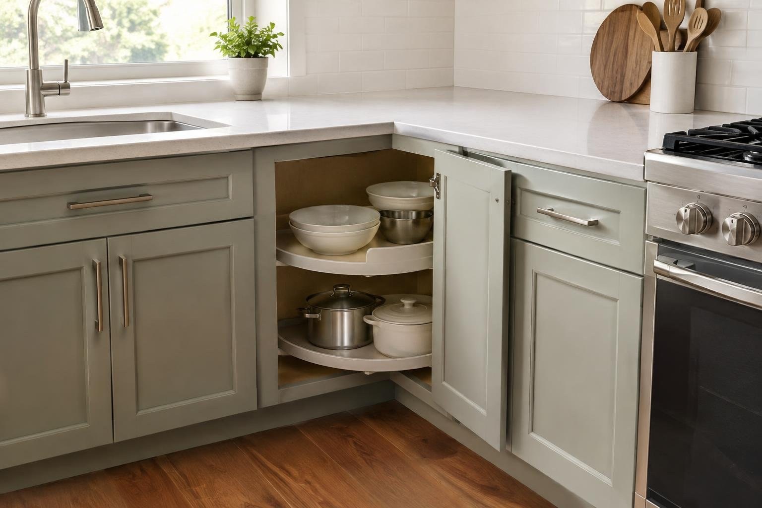 Top-down comparison of common corner cabinet layouts A corner kitchen cabinet door is open, revealing curved shelves with bowls and pots; a sink, window, countertop, utensil holder, and stove surround it.