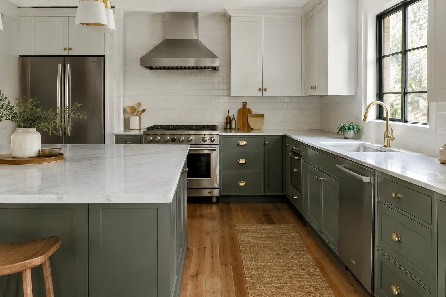 A bright kitchen with dark green cabinets, white stone counters, a stainless-steel refrigerator and range, and a sink beneath a large window.