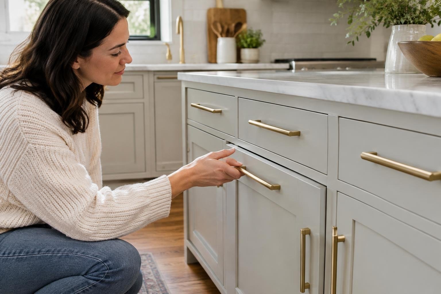 Coordinated cabinet pulls on kitchen drawers and doors A woman crouches beside a kitchen island and pulls open a drawer with brass handles.