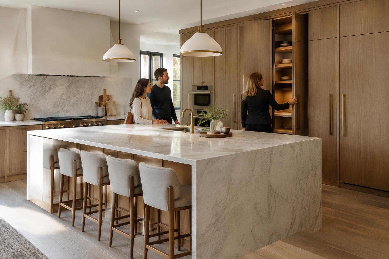 Two people stand by a kitchen island while a woman opens a tall wooden cabinet displaying dishes in a modern kitchen.