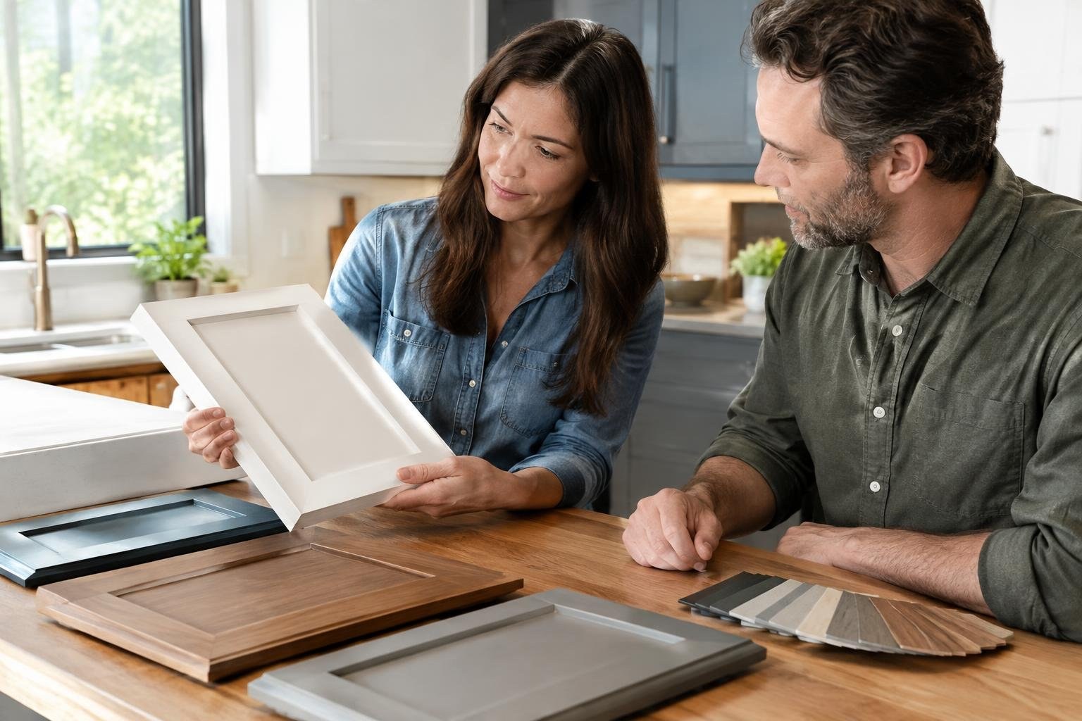 A woman and a man examine a white cabinet door sample at a kitchen counter with other door panels and finish swatches laid out nearby.