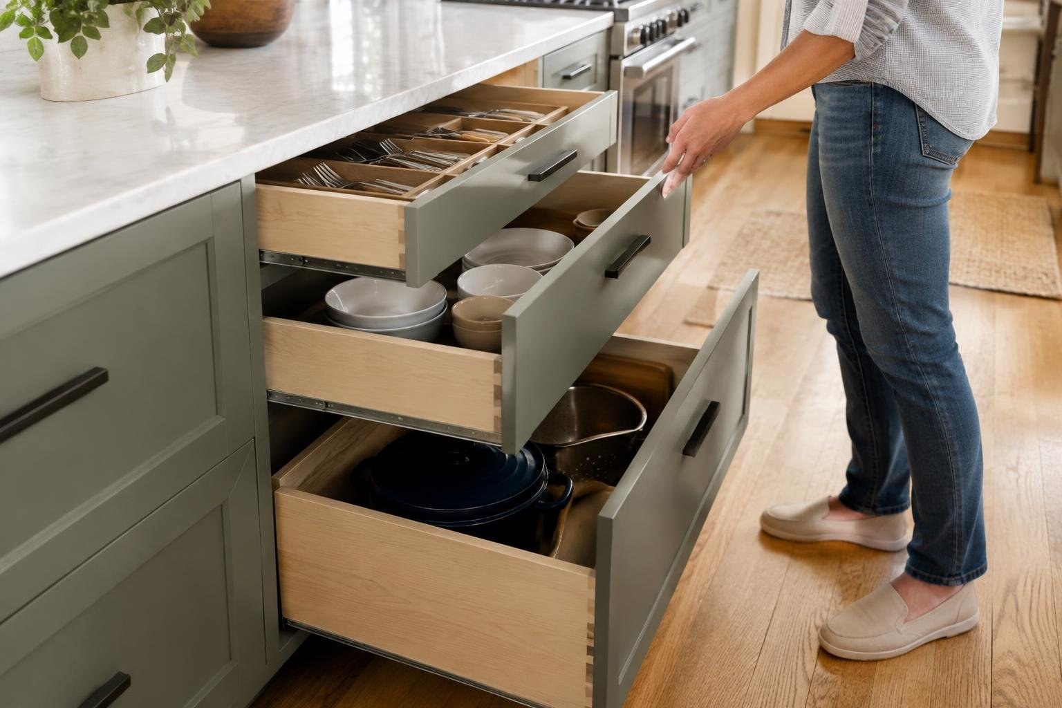 A person opens several kitchen drawers containing cutlery, bowls, and pots beside a countertop.