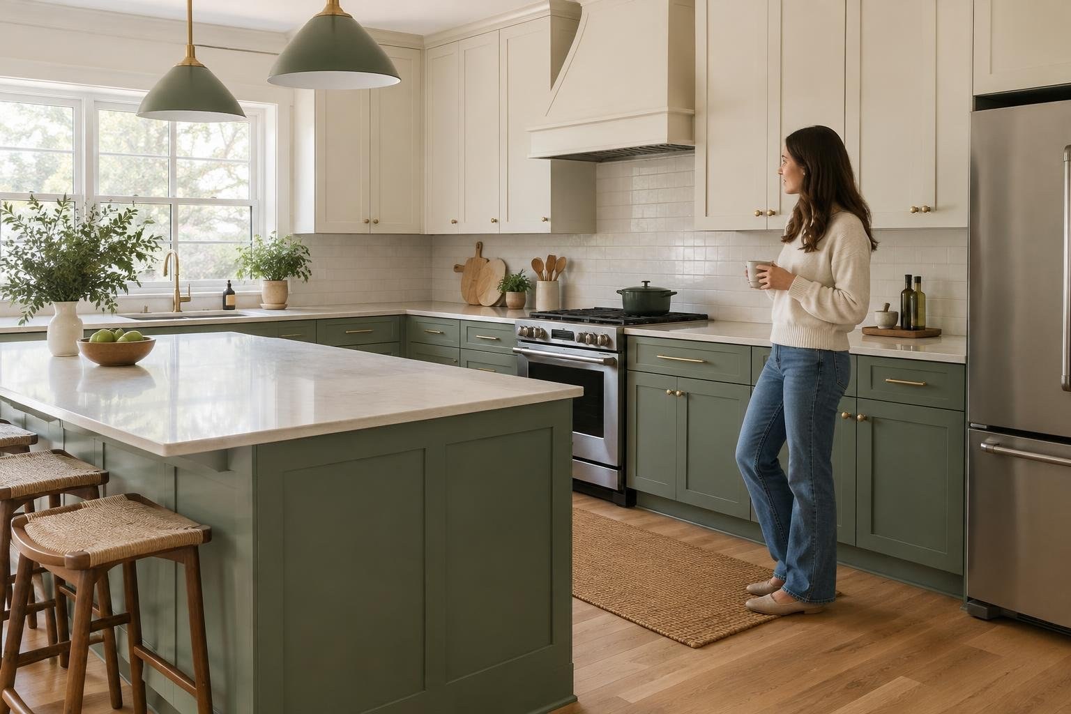 A woman holding a mug stands beside a stove in a bright kitchen with green cabinets, a large island, and windows overlooking trees.