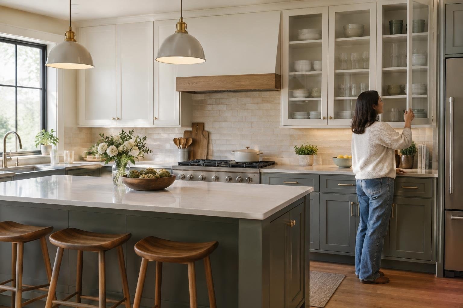 A woman opens a glass-front kitchen cabinet filled with dishes in a bright kitchen with a large island, stools, pendant lights, and a window.