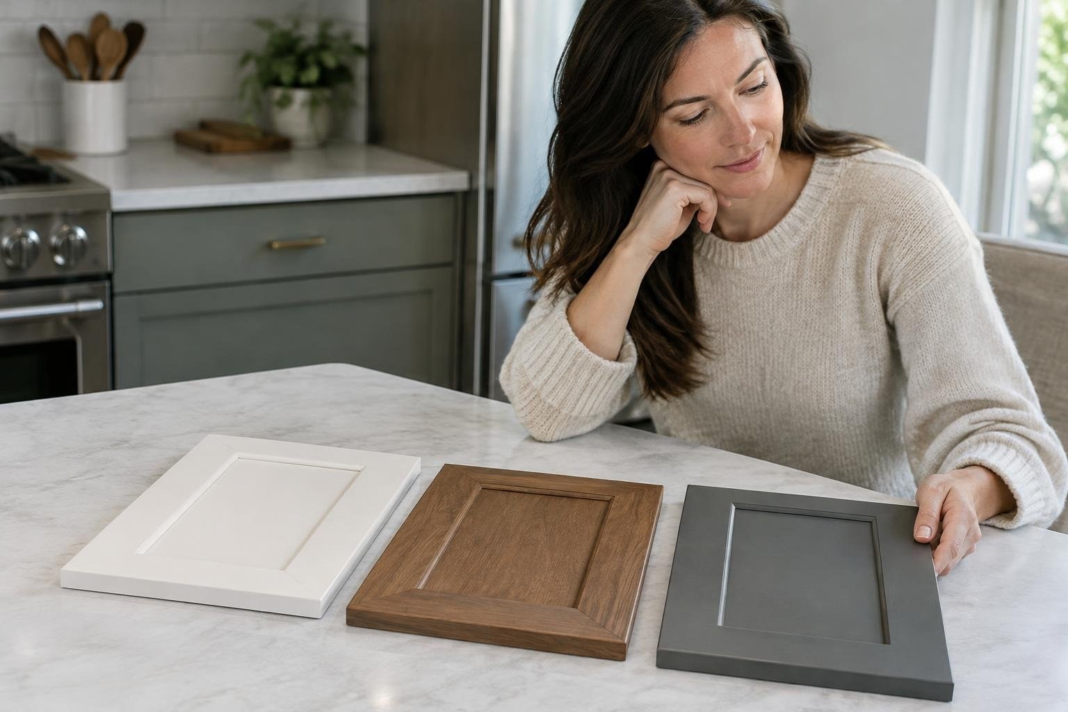 A woman in a light sweater sits at a kitchen counter, looking at three cabinet door samples in white, wood, and gray.