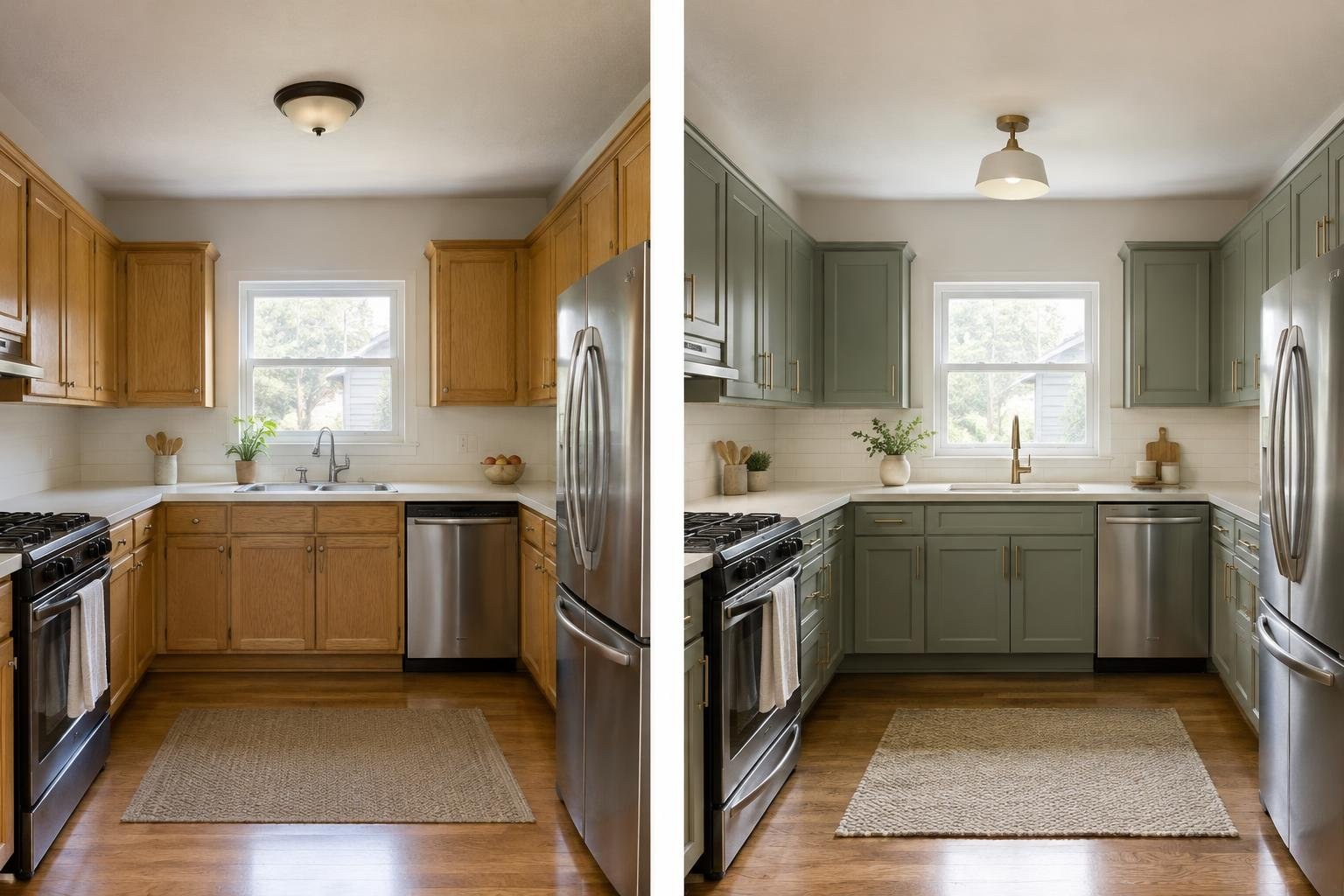 Side-by-side views of a kitchen before and after renovation: wood cabinets on the left and sage-green cabinets on the right, with stainless steel appliances, a window, and a central sink.