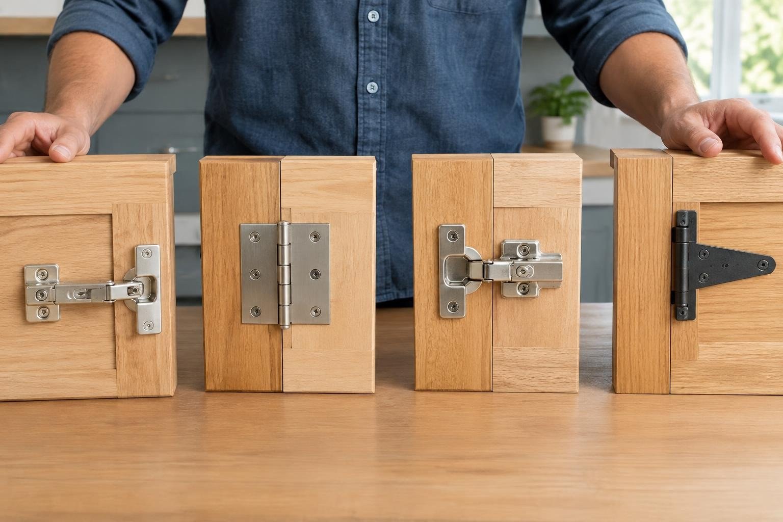 A person in a blue shirt stands behind four wooden door samples fitted with different metal hinges, resting their hands on the outer panels.