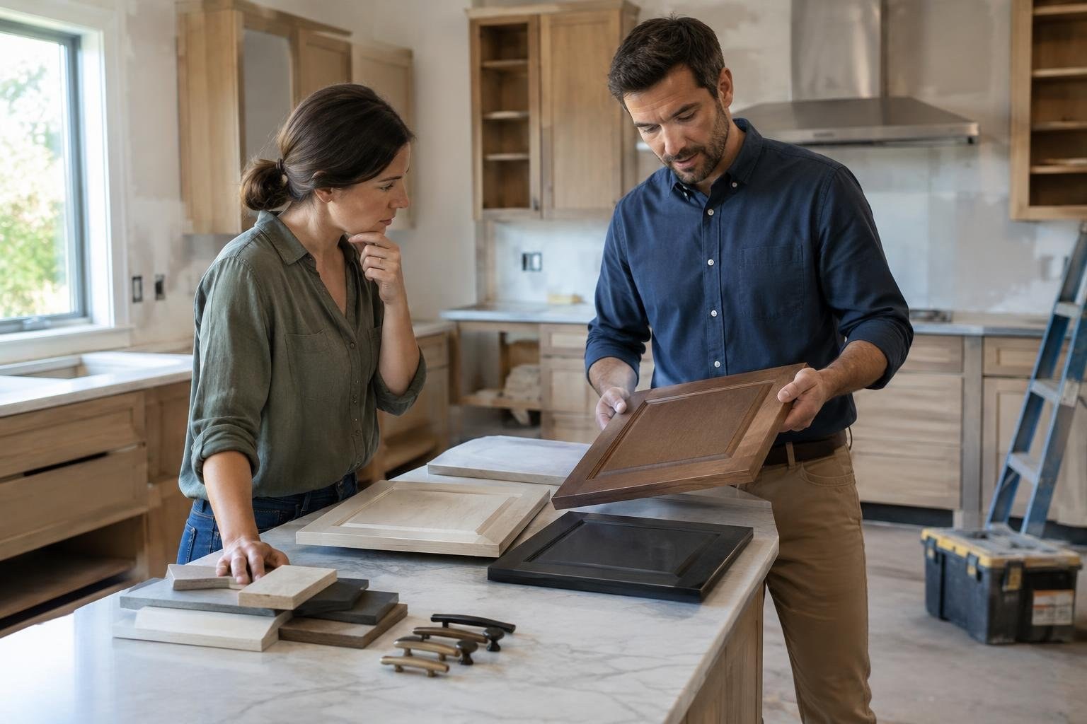 A woman and a man compare cabinet door samples on a countertop in a kitchen, with unfinished wooden cabinets and tools around them.