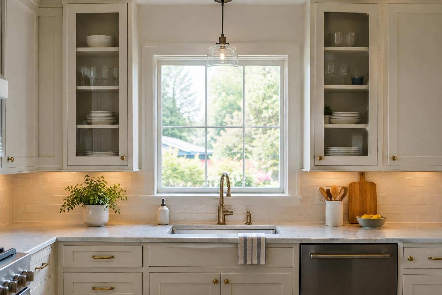 A kitchen showing how upper cabinet height and glass-front doors can frame a window A bright kitchen with cream cabinets, a central window above a sink, glass-front cupboards displaying dishes, and a plant, utensils, cutting boards, and fruit on the counters.