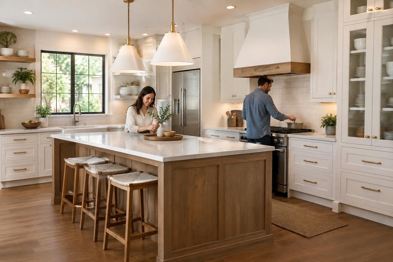 A woman arranges greenery on a kitchen island while a man stirs a pot at the stove in a bright kitchen with white cabinets and wooden stools.