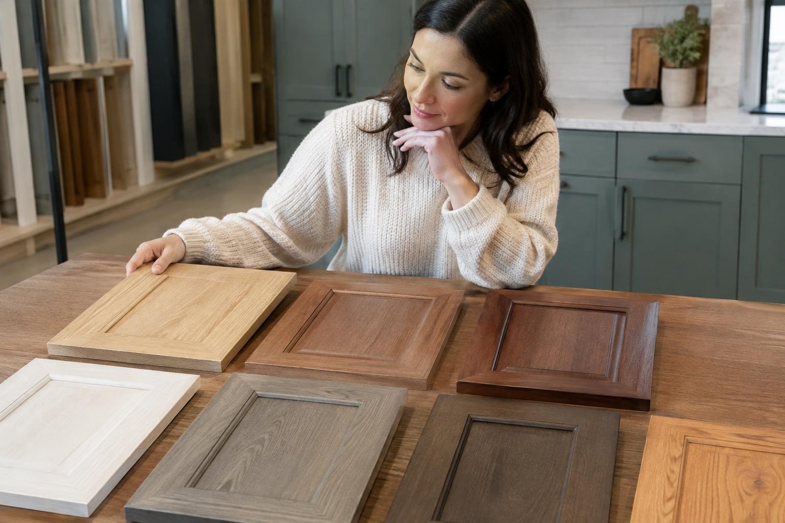 Labeled cabinet door samples highlighting different grains and colors A woman in a cream sweater examines a light wood cabinet door sample among several differently colored door samples on a table in a kitchen showroom.