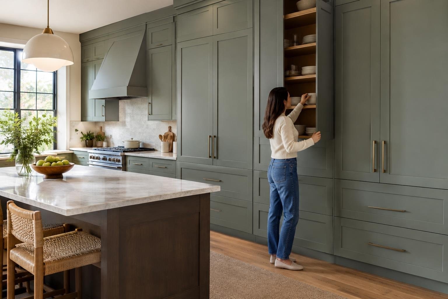 A woman in a white sweater and jeans reaches into an open kitchen cabinet lined with dishes in a bright kitchen with green cabinetry and a large island.