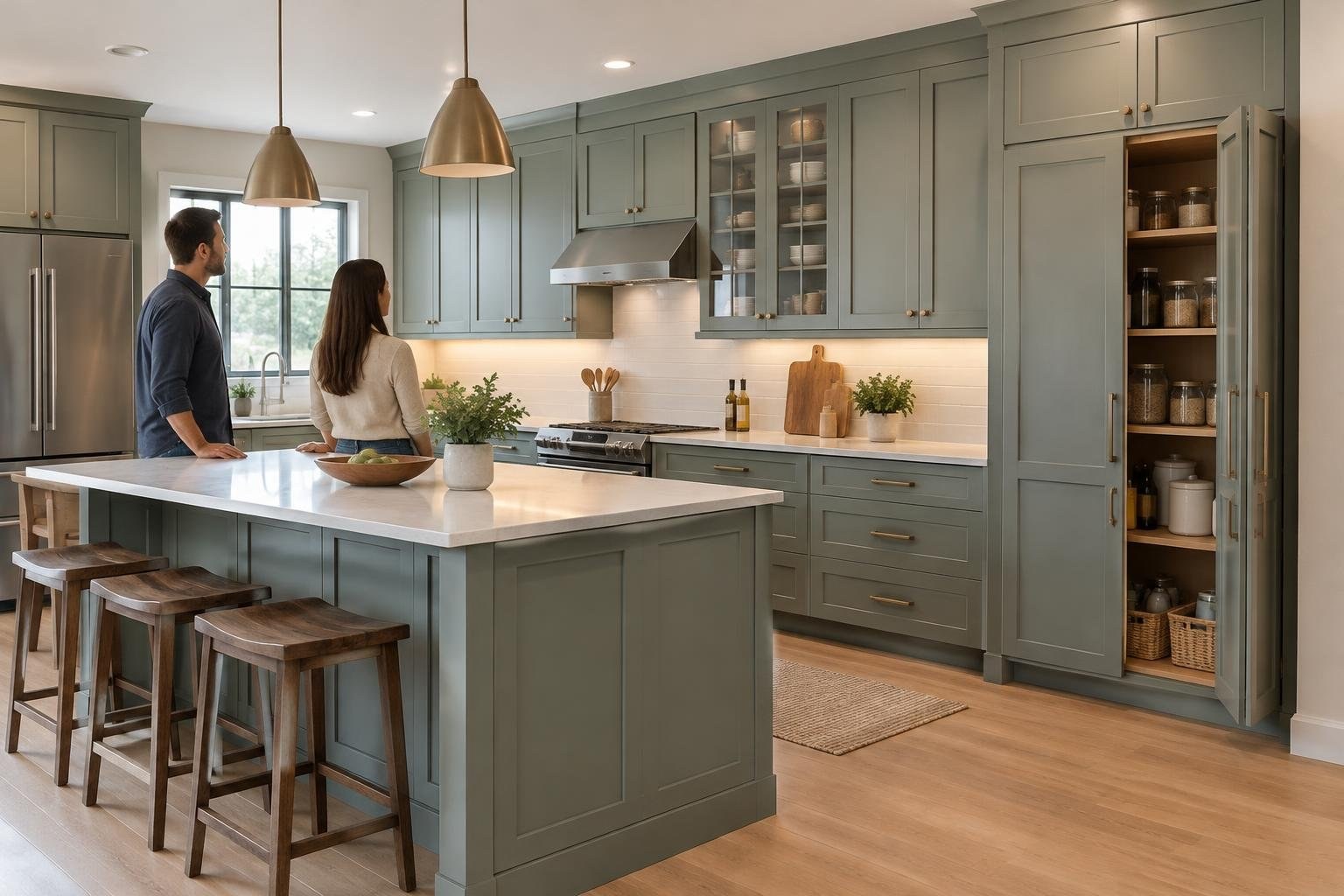 Two adults stand beside a large island in a sage-green kitchen with wooden stools, pendant lights, a stove, and an open pantry cabinet.