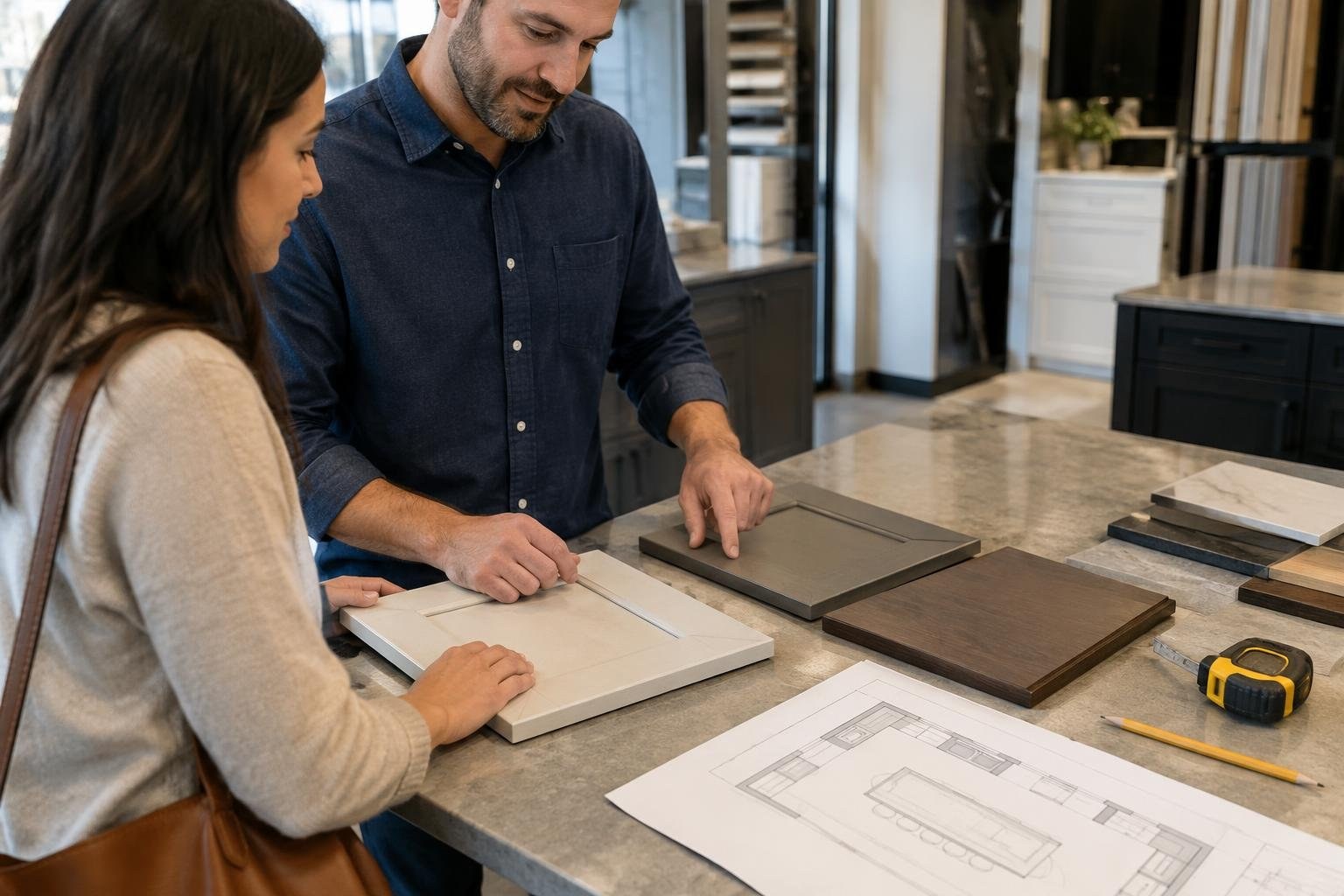 A woman and man examine cabinet or countertop samples on a showroom table, with a floor plan, pencil, and tape measure nearby.