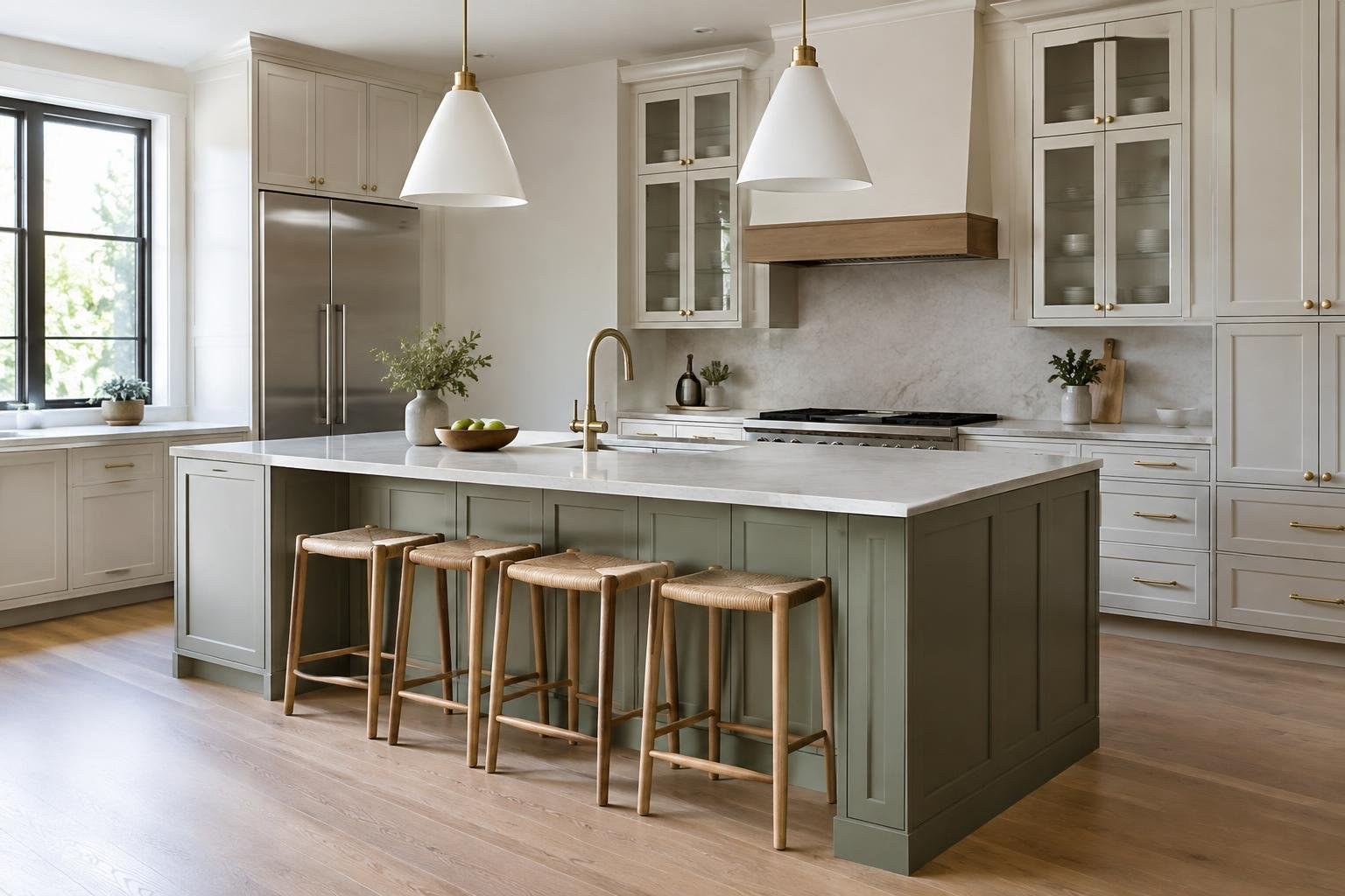 A clearly labeled kitchen elevation and floor plan with cabinet dimensions and appliance positions A bright kitchen with cream cabinetry, a large green island with a pale countertop and four wooden stools, pendant lights, a refrigerator, and a window.