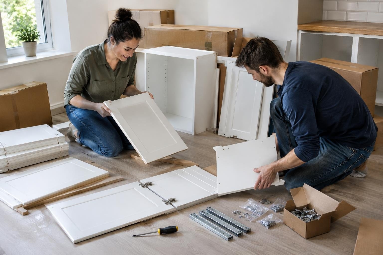 A woman and man kneel among boxes and white cabinet parts, handling panels as they assemble furniture in a bright room.
