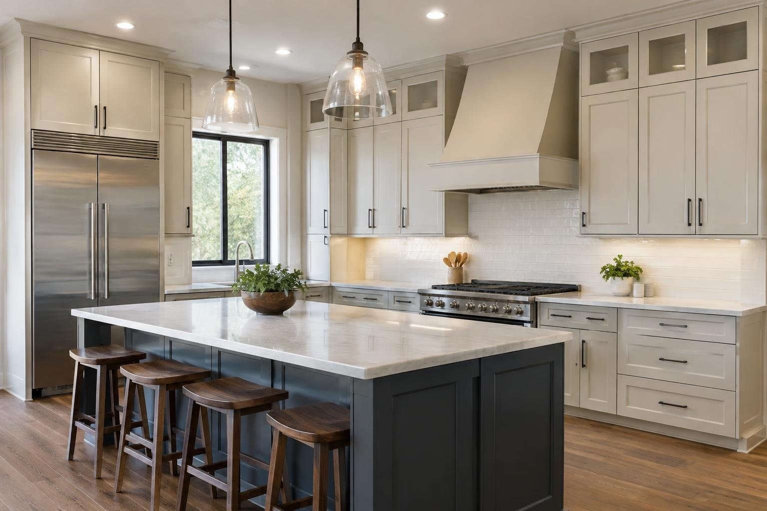 A bright kitchen with cream cabinets, a stainless steel refrigerator and range, and a large dark island with a pale countertop and wooden stools.