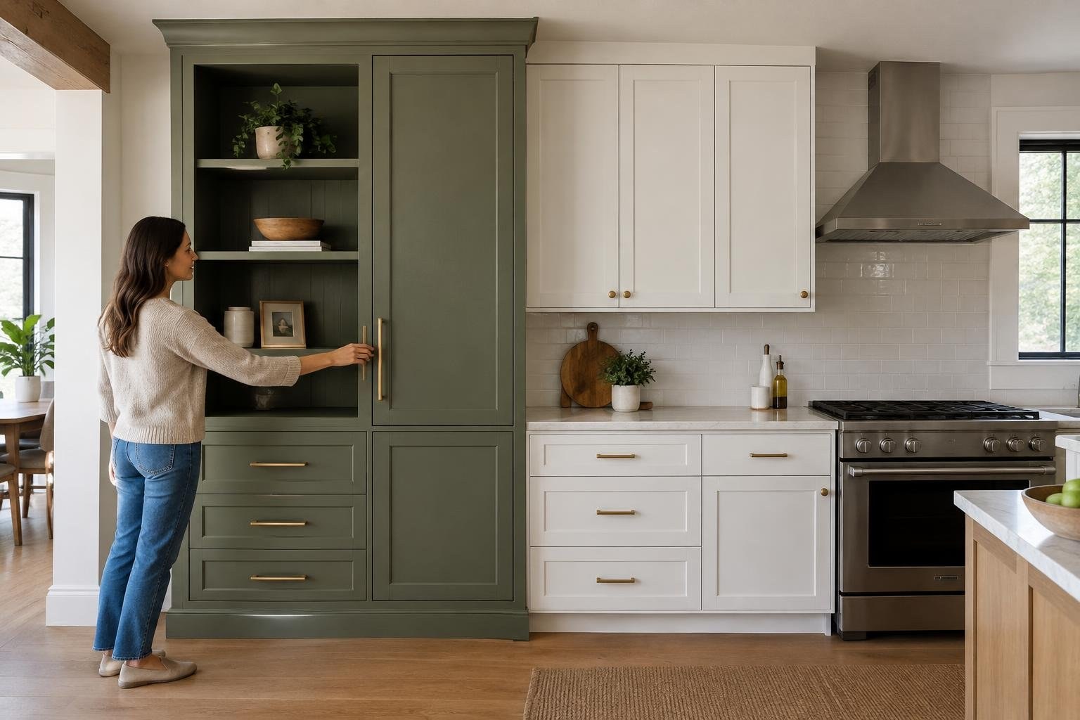 A woman opens a tall dark green kitchen cabinet beside white cabinets, a tiled backsplash, and a stainless-steel stove.