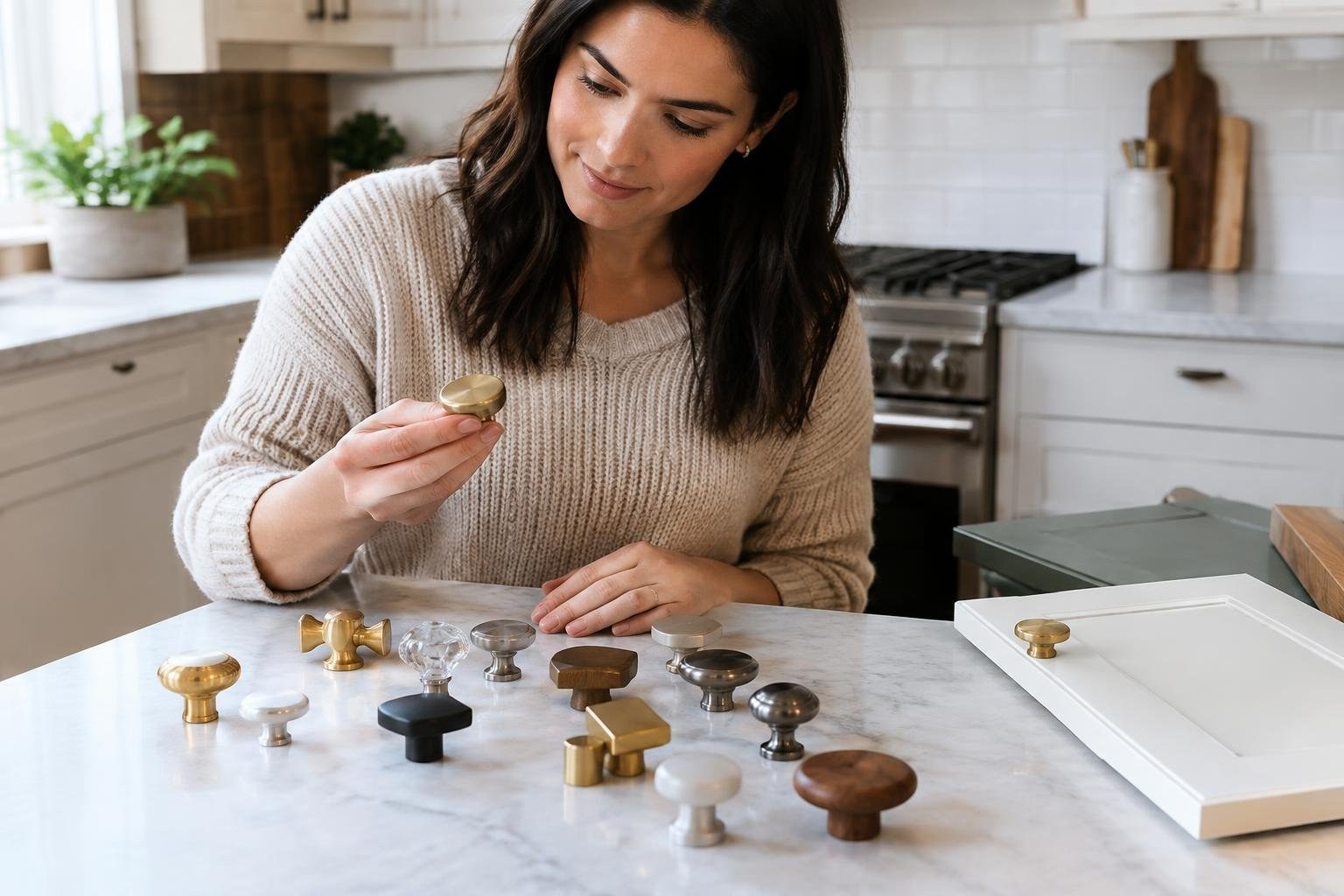 Kitchen cabinet knobs in varied shapes and finishes A woman in a cream sweater examines a small brass cabinet knob above a kitchen counter displaying assorted knobs and a cabinet door.