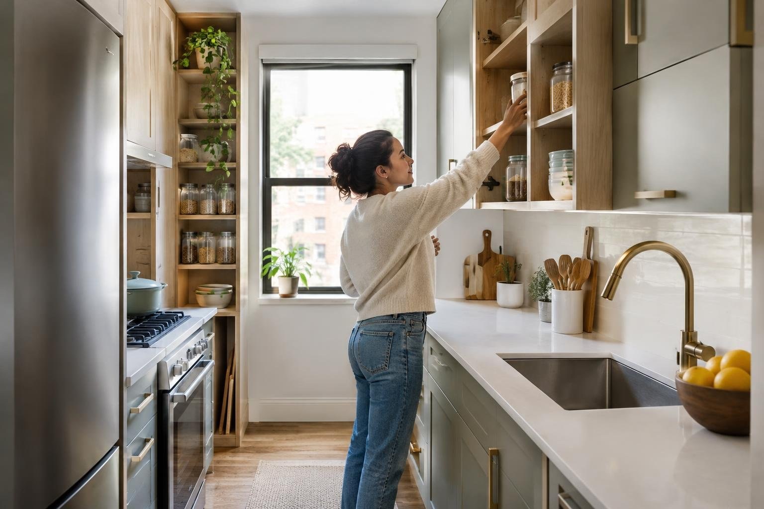 A woman reaches for a glass jar on an open shelf in a bright kitchen with wooden cabinets, a window, a stove, and a sink.