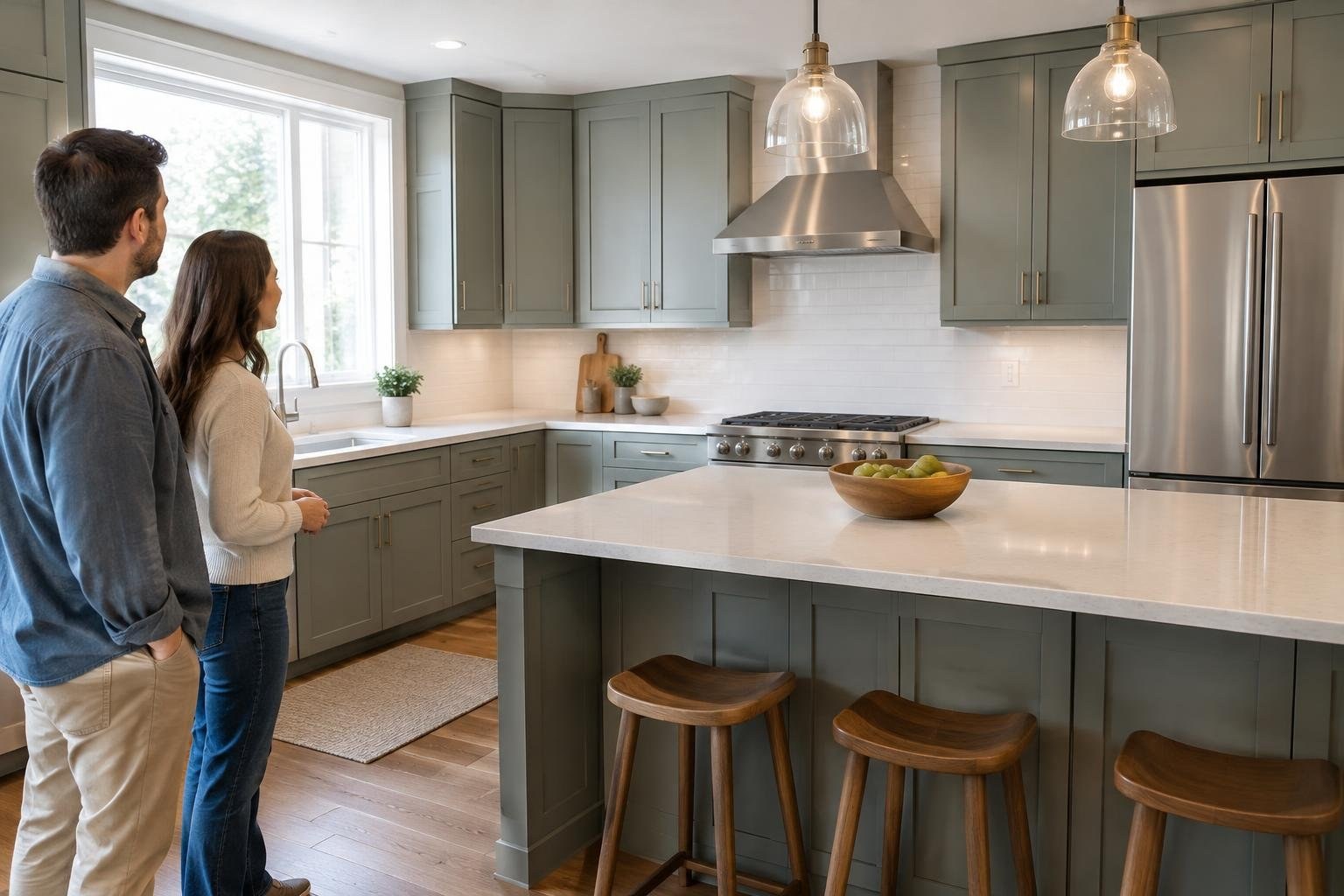 A man and woman stand at the left, looking across a bright kitchen with gray-green cabinets, a large island, three stools, pendant lights, and stainless steel appliances.