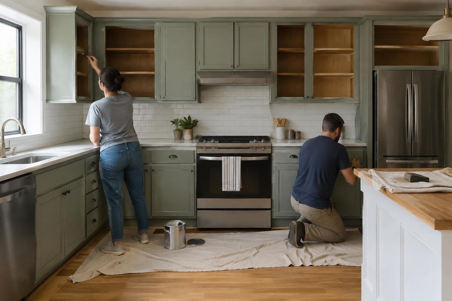 A woman reaches into an open upper cabinet while a man kneels by lower cabinets in a kitchen, with drop cloths covering the floor and a paint can nearby.