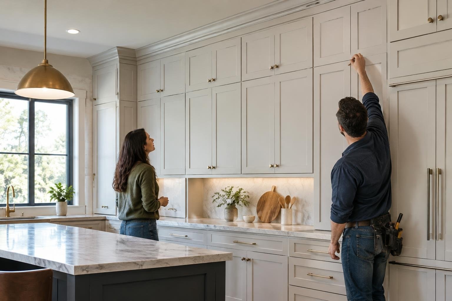 A woman watches as a man reaches up toward a cabinet in a bright kitchen with pale cabinetry, a marble island, and a large window.
