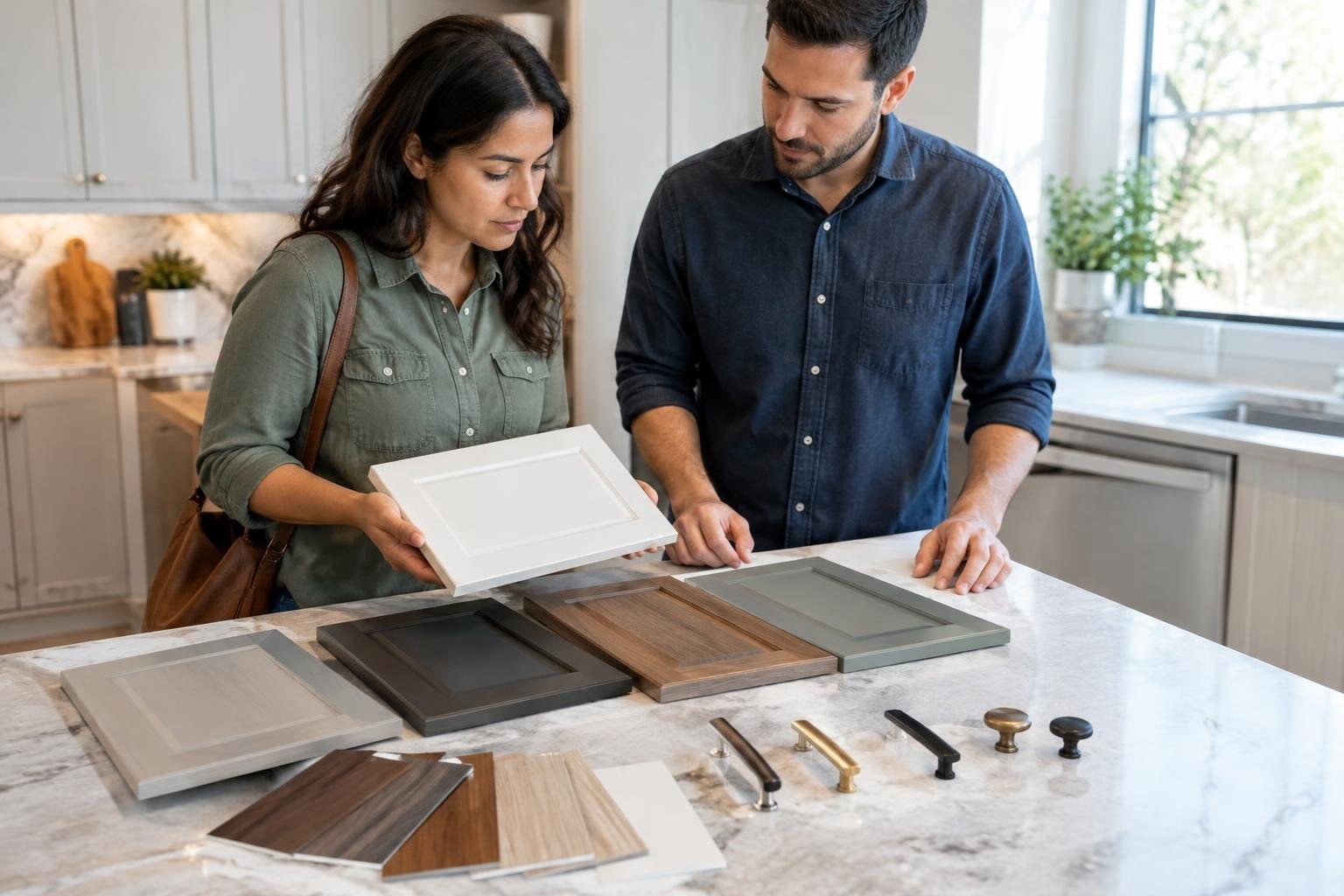 A woman and man compare cabinet door samples on a kitchen island, with hardware and wood-finish swatches spread across the counter.