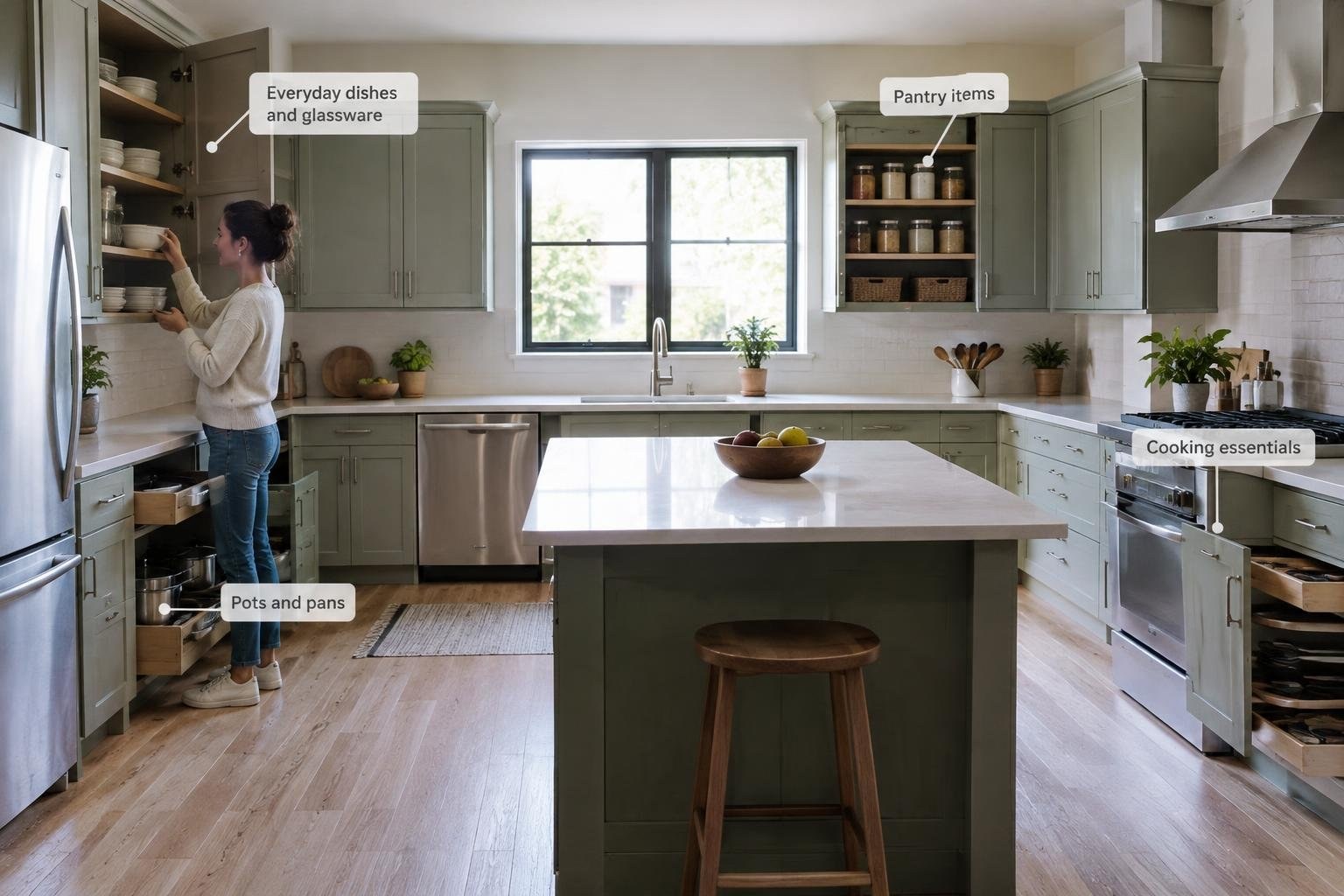A woman puts dishes on a shelf in a bright kitchen with open cabinets and drawers, a central island with a bowl of fruit, and stainless steel appliances.