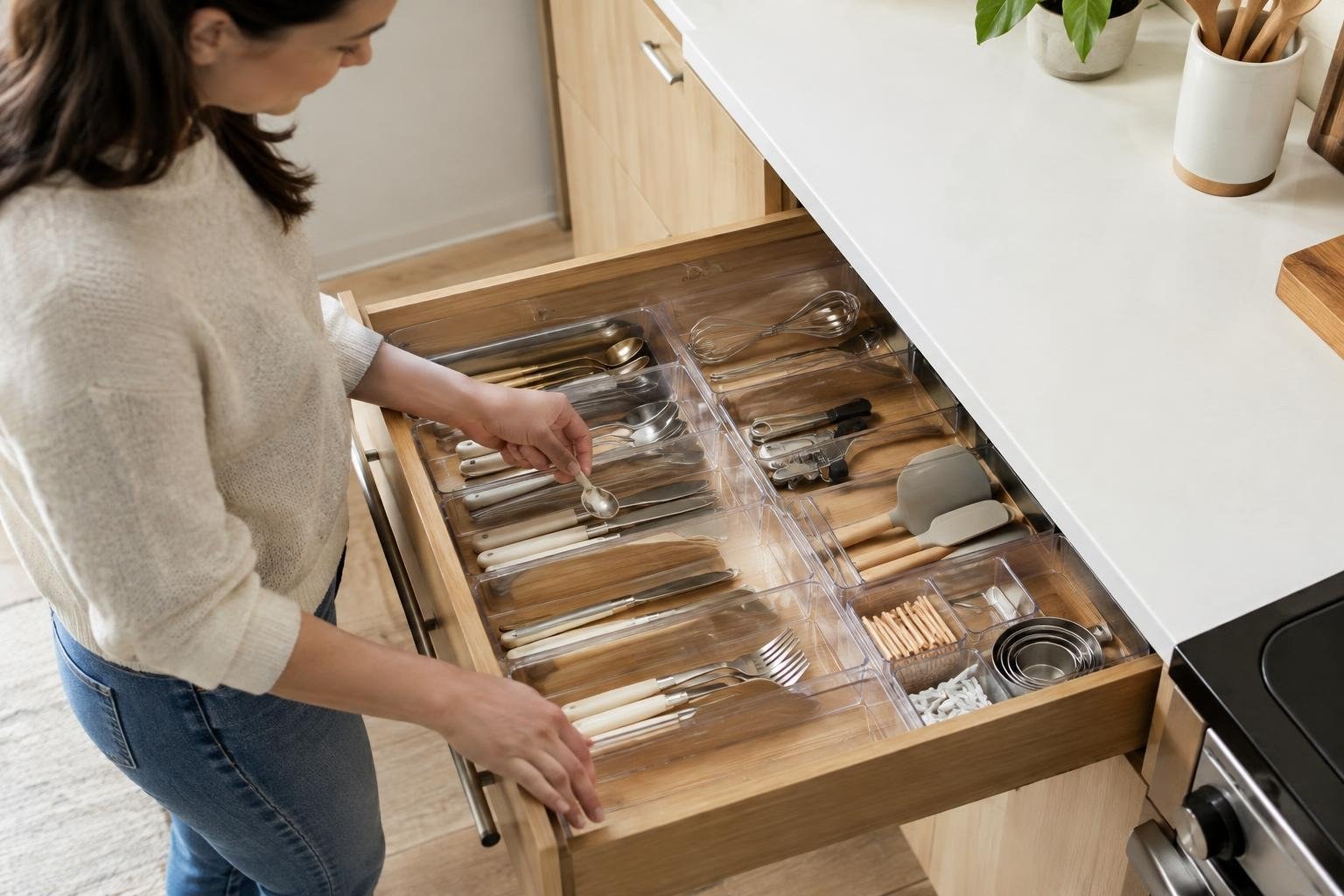 A woman reaches into an open kitchen drawer, selecting a spoon from clear organizers filled with cutlery and cooking utensils.