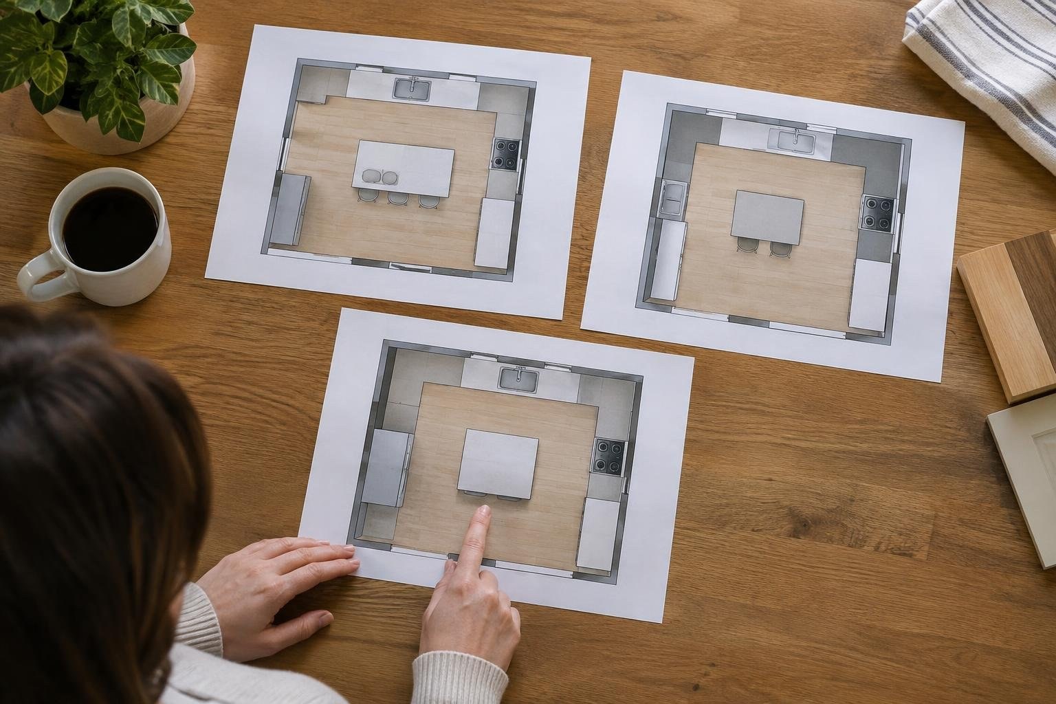 A person points to one of three printed kitchen layout plans spread across a wooden table, beside a cup of coffee and a potted plant.