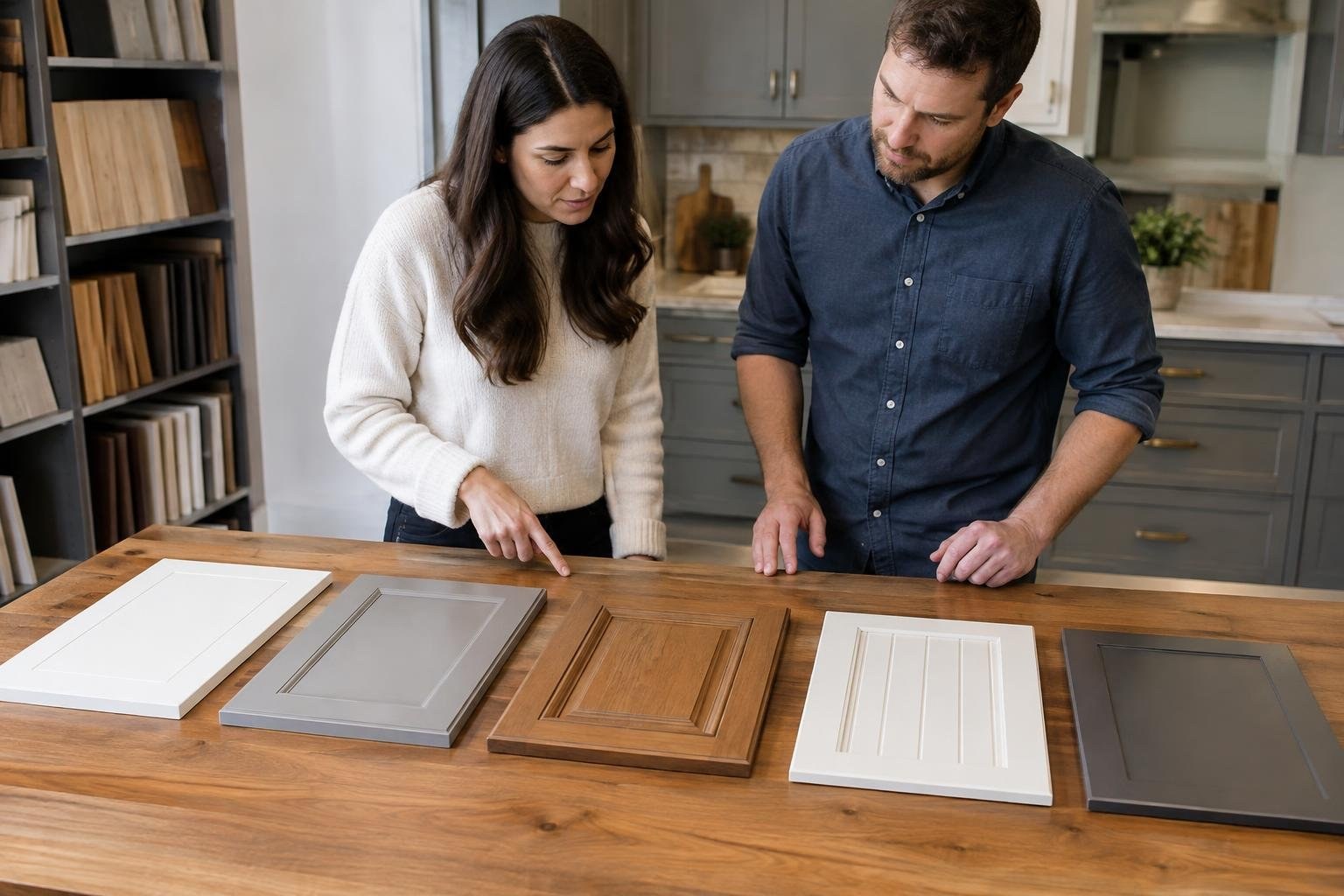 A woman points to cabinet door samples on a wooden table as a man looks on in a kitchen showroom.