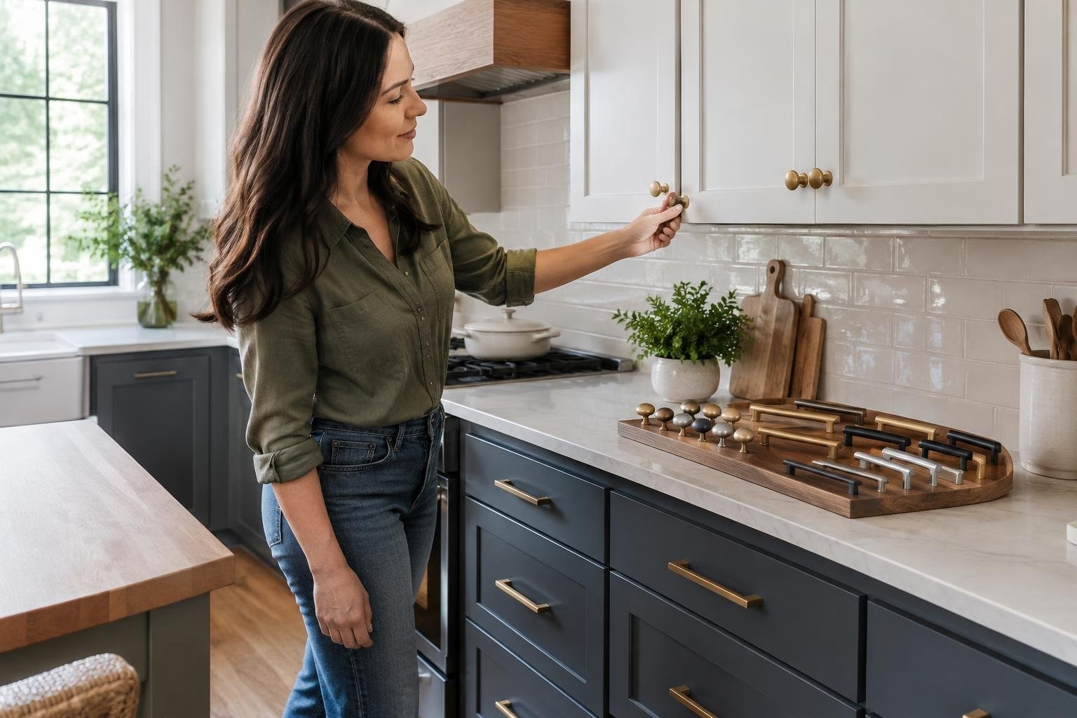 A woman in a green shirt opens a white kitchen cabinet beside a countertop display of assorted drawer pulls.