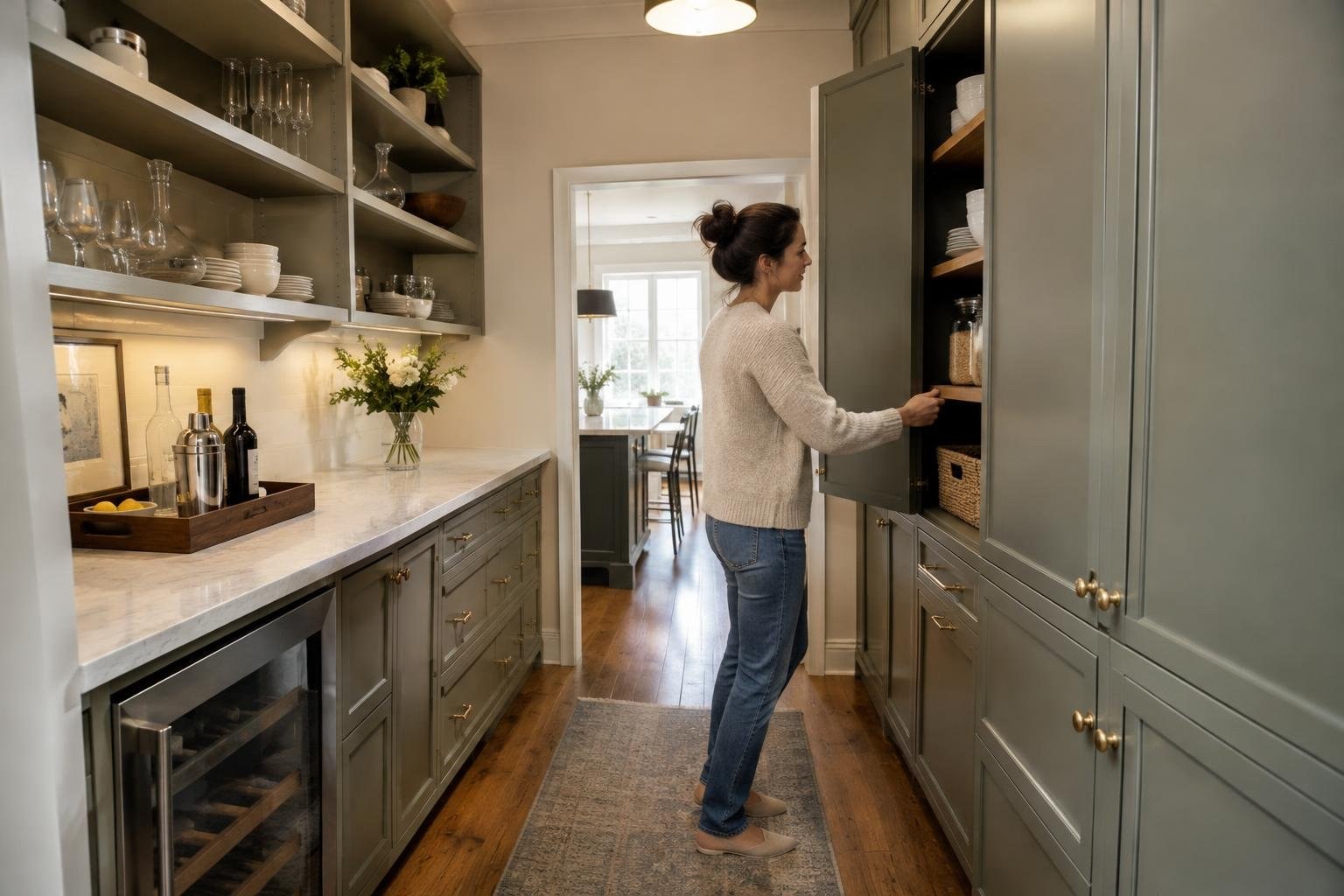 A woman in a light sweater and jeans opens a tall cabinet in a kitchen lined with gray-green cupboards, shelves of dishes, and a marble counter.