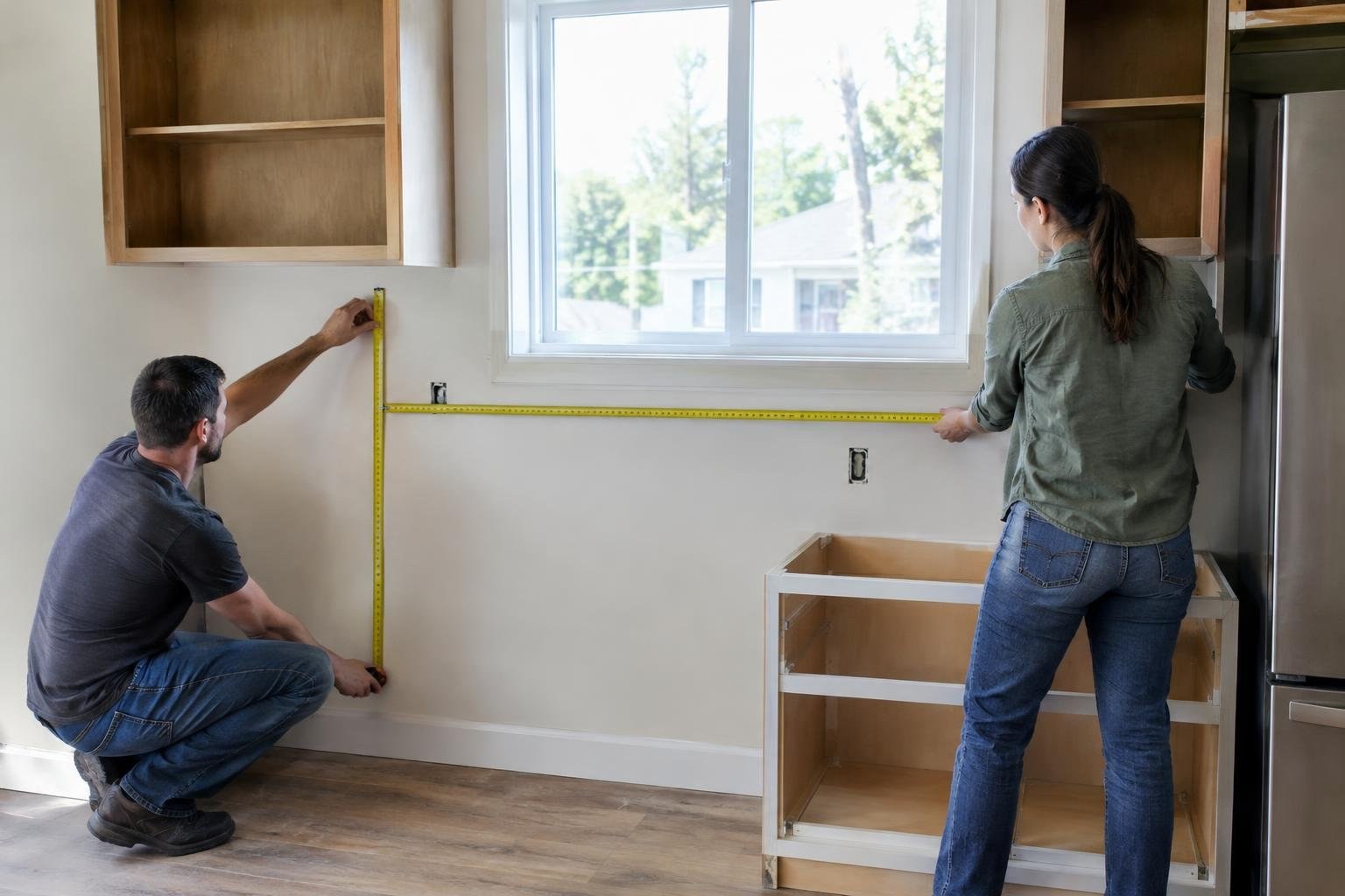 A man crouches and a woman stands in an unfinished kitchen, measuring the wall with a yellow tape measure.