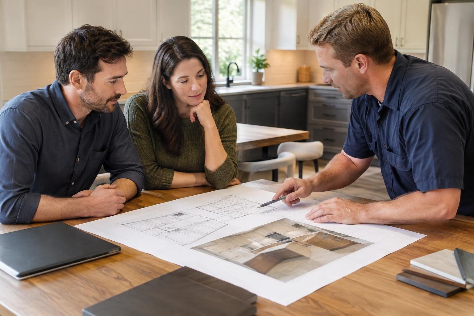Two people watch as a man points to large architectural drawings spread across a wooden table in a bright kitchen.