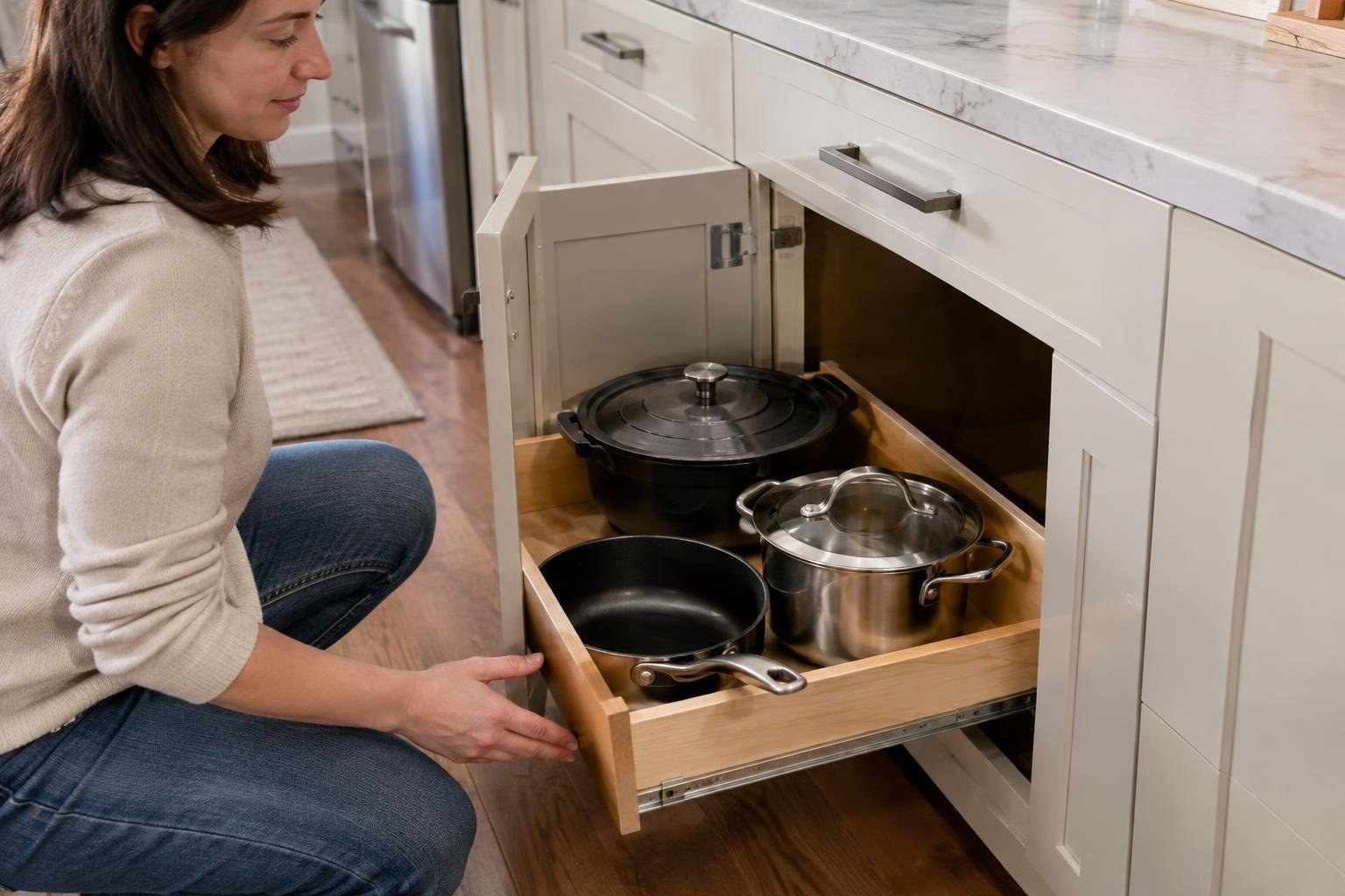 A woman crouches beside an open kitchen drawer containing a frying pan and two lidded pots.