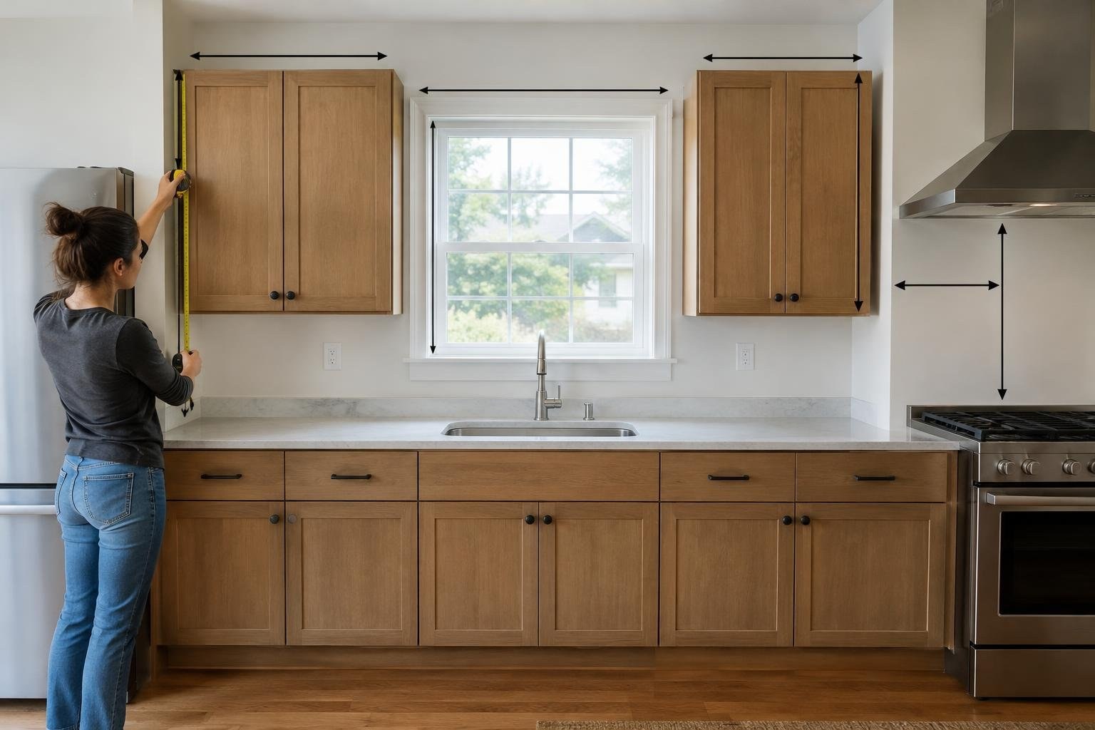 A woman measures a wall cabinet with a tape measure in a kitchen with wooden cabinets, a window above the sink, and a stove.