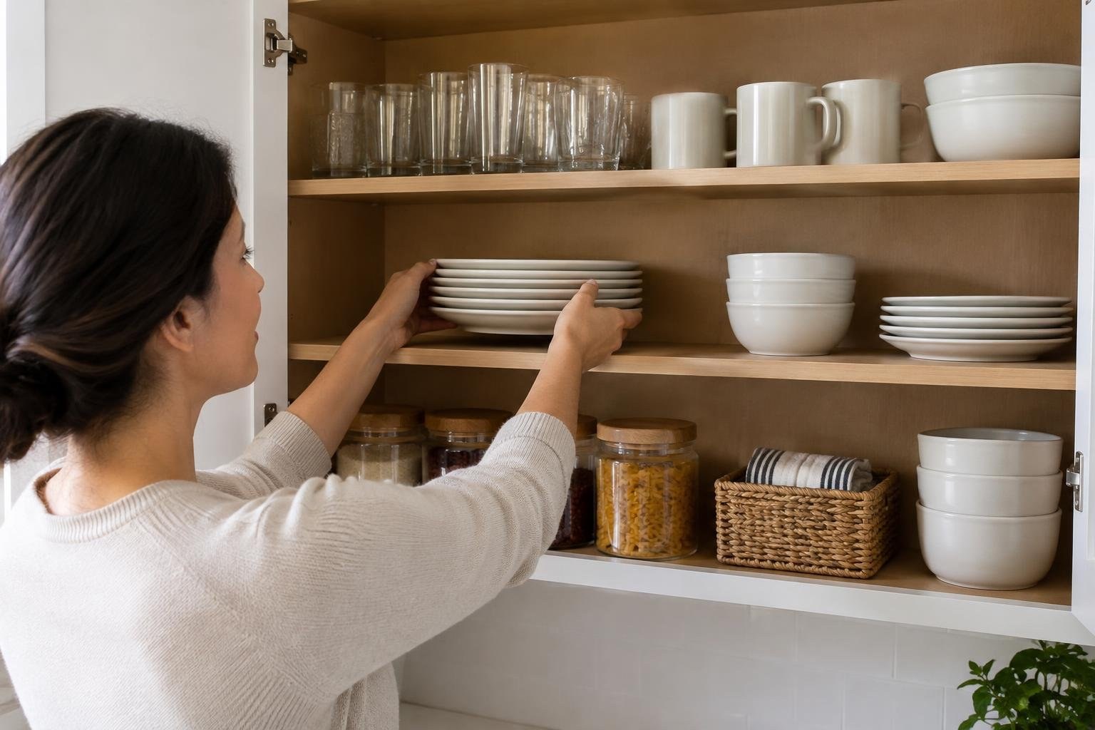 A woman in a light sweater places a stack of white plates on a shelf in an open kitchen cupboard stocked with glasses, bowls, jars, and folded cloths.