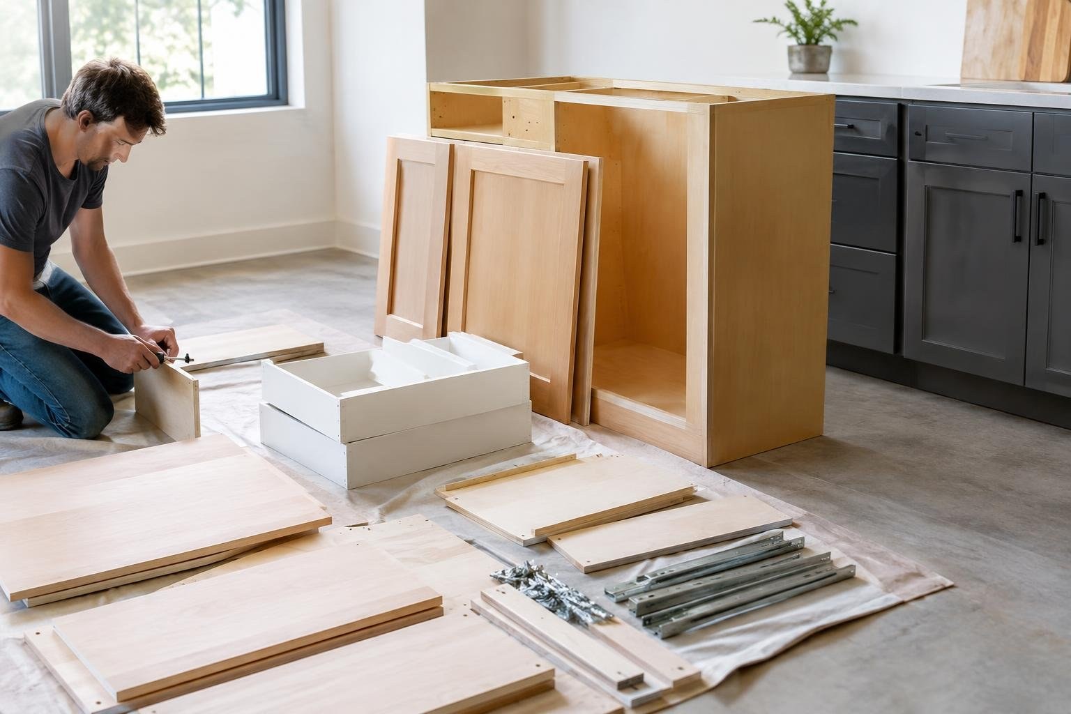 A man kneels on a floor beside unfinished wooden cabinet parts, assembling a drawer next to an open cabinet carcass in a bright kitchen.
