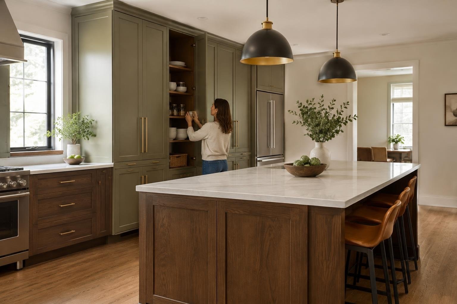 A woman reaches into an open kitchen cabinet in a spacious kitchen with green cabinetry, a large island, pendant lights, and a vase of greenery.