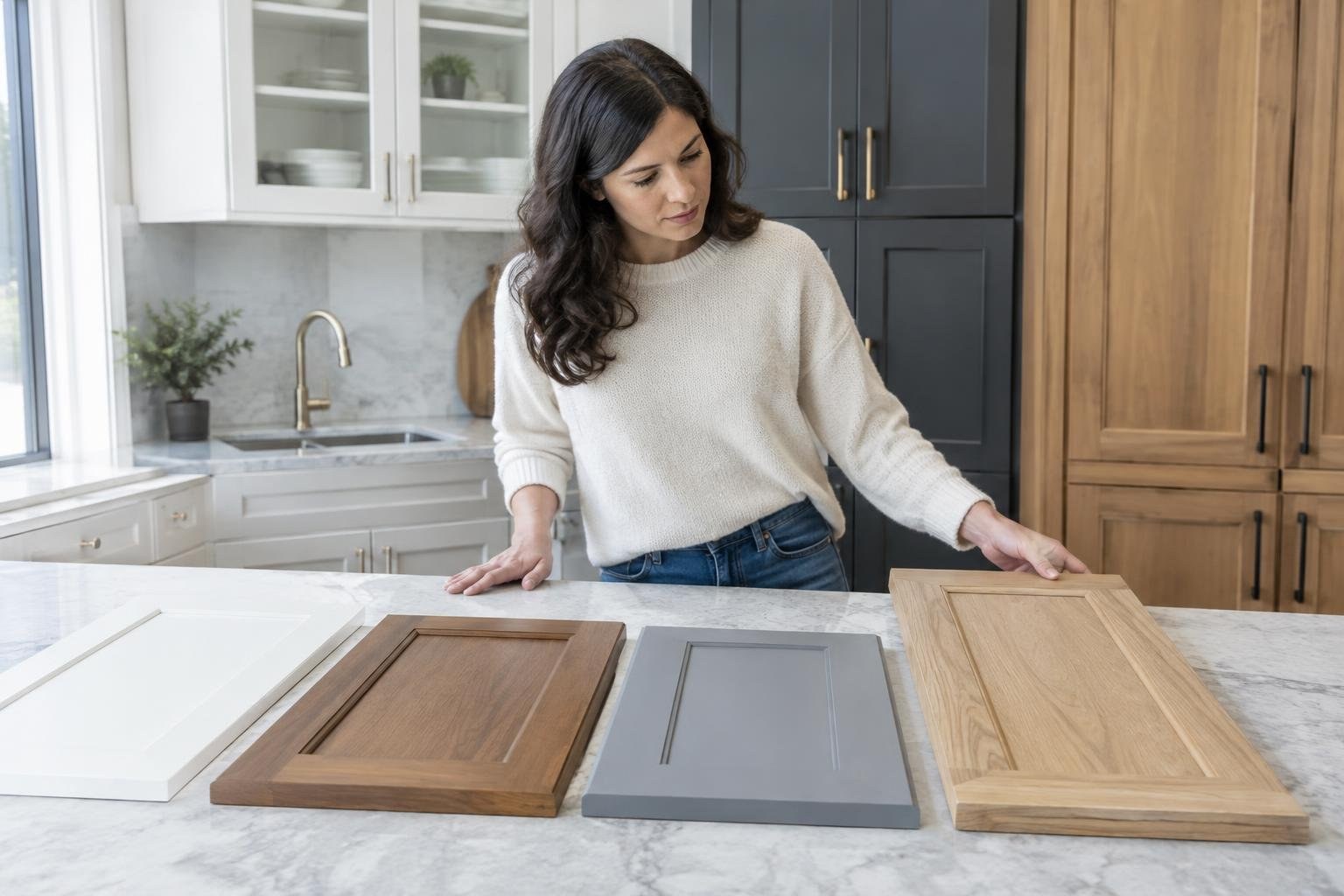 A woman in a white sweater compares several cabinet door samples on a kitchen island, with cabinets, a sink, and a potted plant behind her.