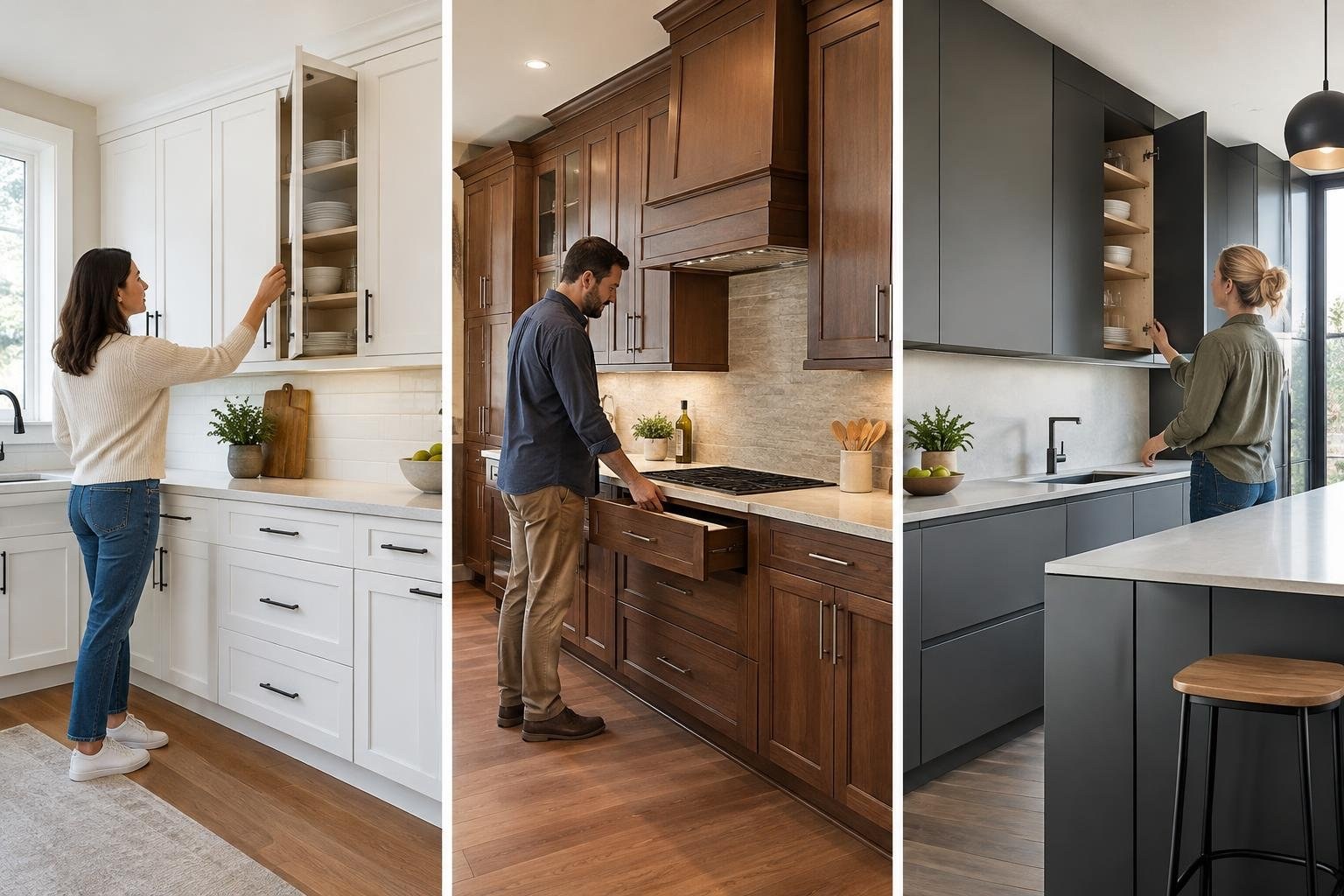 A three-panel image shows a woman opening a white kitchen cabinet, a man opening a drawer in a wood-paneled kitchen, and another woman opening a cabinet in a dark gray kitchen.
