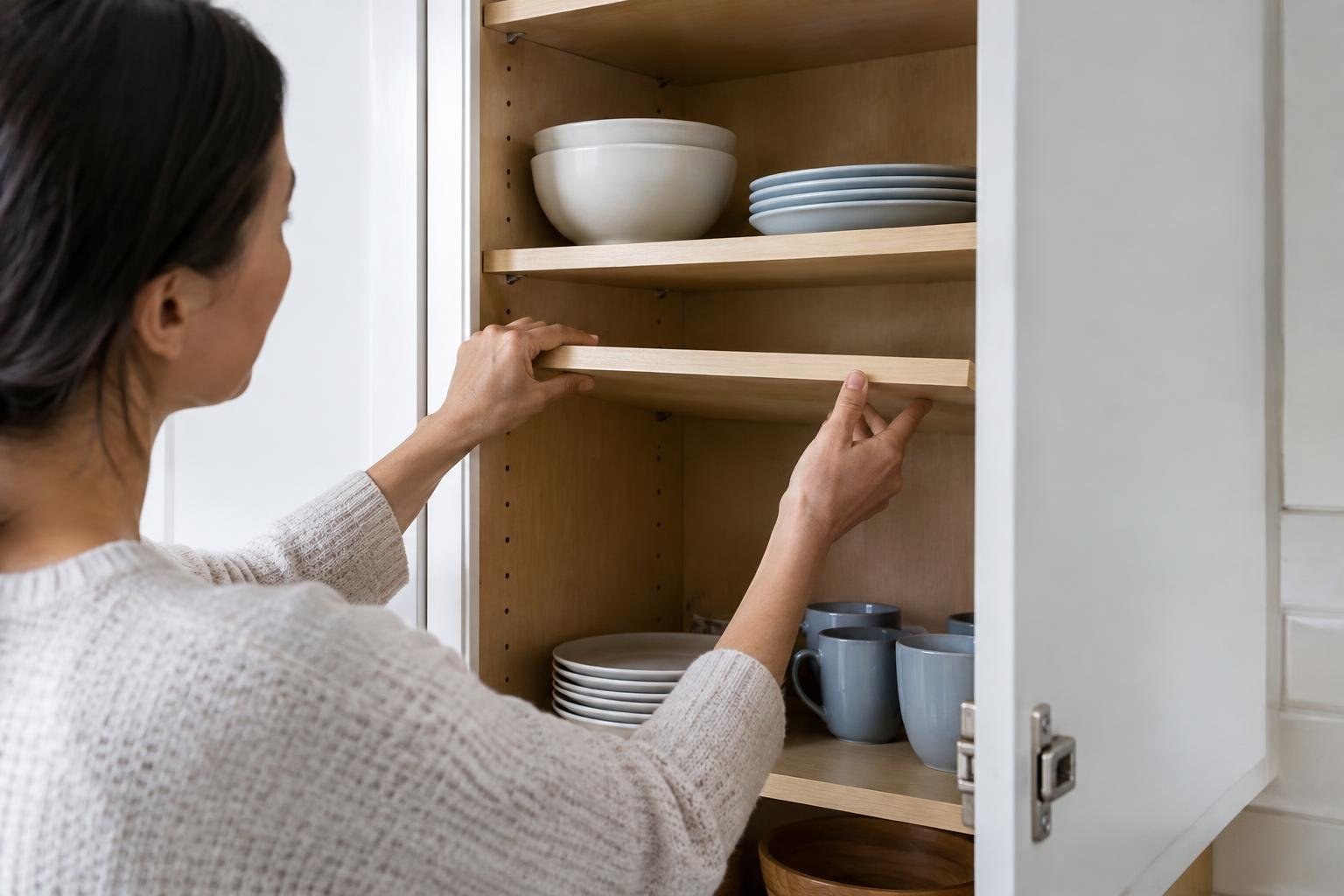 A woman in a light sweater adjusts a wooden shelf inside an open kitchen cabinet stocked with bowls, plates, and mugs.
