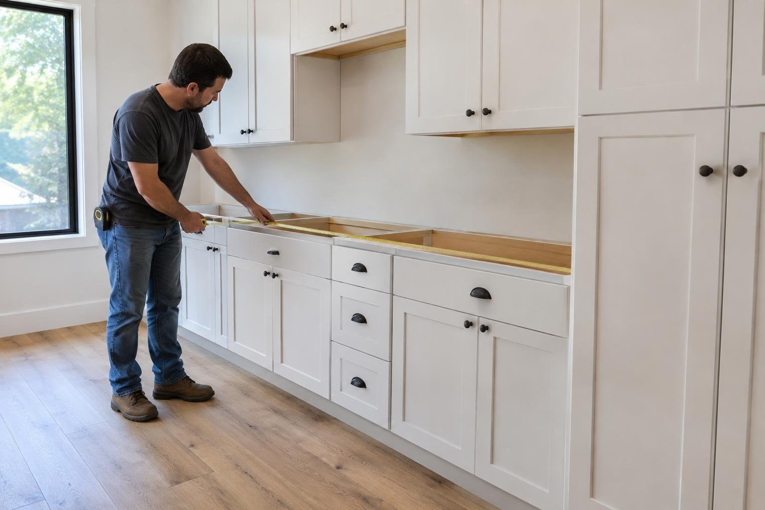 A man measures the length of a wooden countertop opening with a tape measure in a bright kitchen with white cabinets and a wood floor.