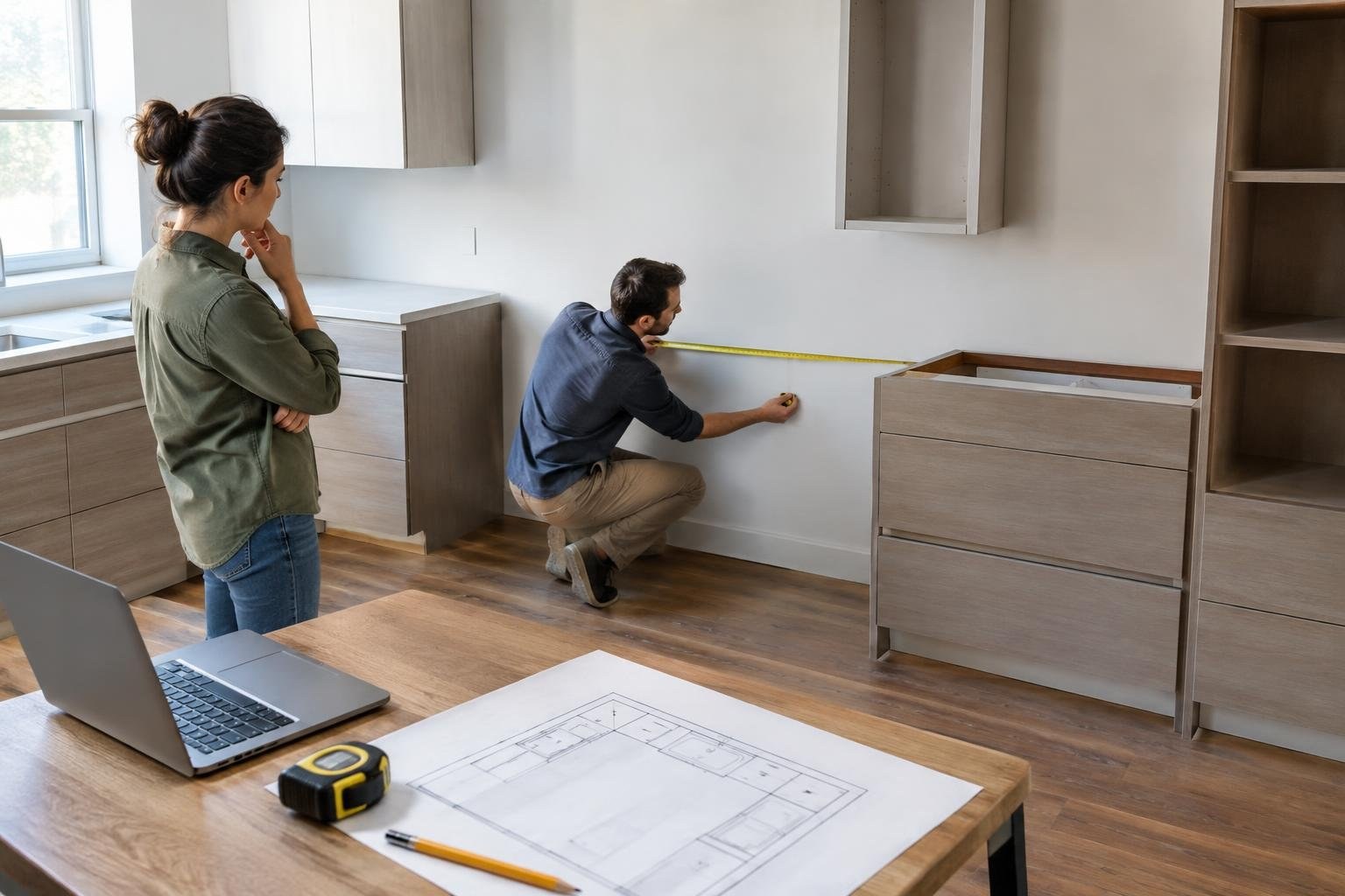 In a partly fitted kitchen, a crouching man measures the wall with a tape measure while a woman watches; plans, a laptop and a tape measure lie on a wooden table.