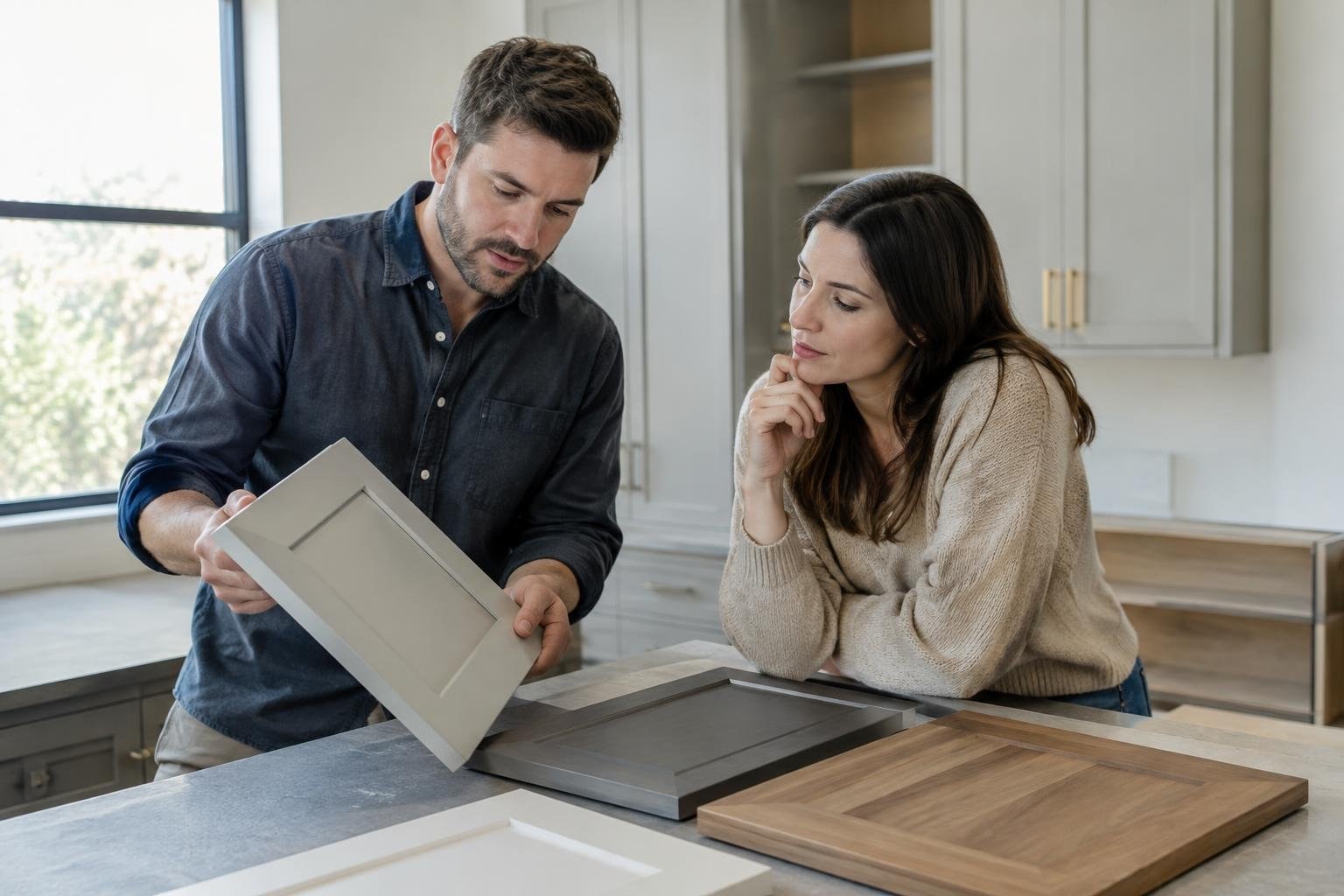 A man holds a cabinet door while a woman leans beside him, both examining it in a bright kitchen with cabinet samples on the counter.