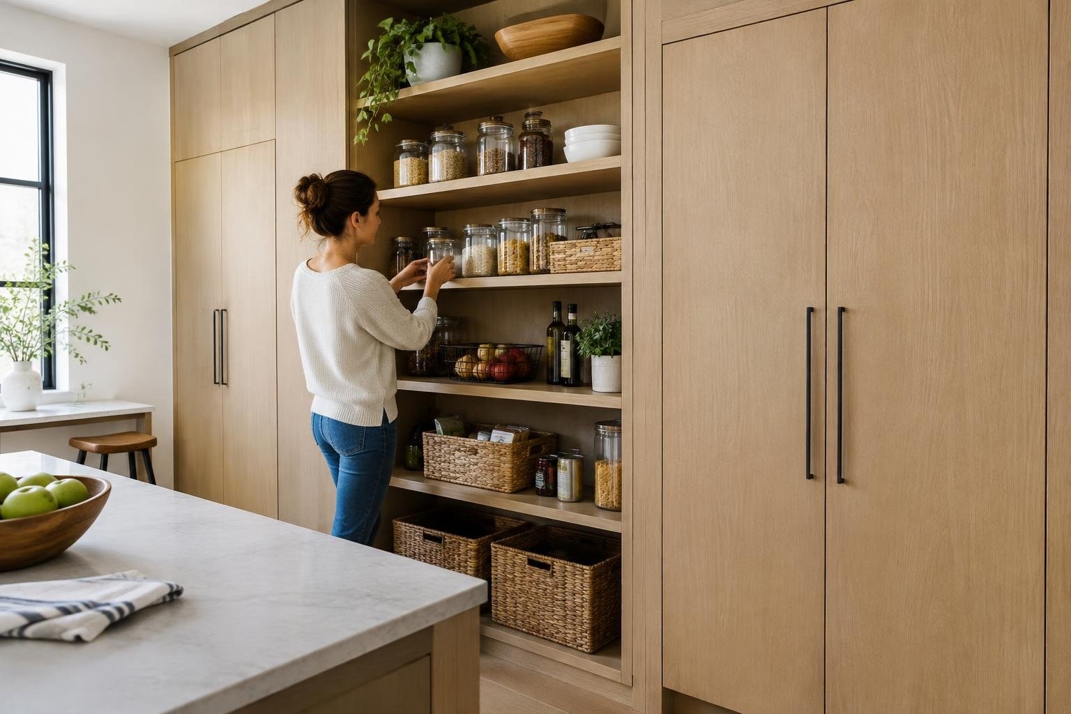 A woman arranges glass jars on open pantry shelves in a bright kitchen with wooden cabinets, baskets, plants, and a stone island.